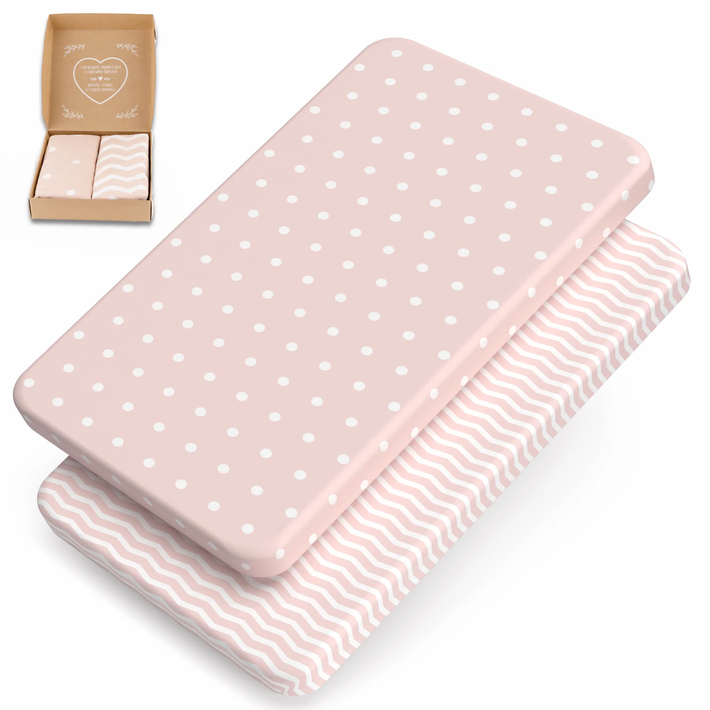 mimaDu - Set di 2 lenzuola per neonati 90x40 cm 100% cotone Oeko-Tex 80x53, 83x50, 50x83, 90x45 per letti aggiuntivi di piccole e medie dimensioni - Coprimaterasso per lettini aggiuntivi rosa antico