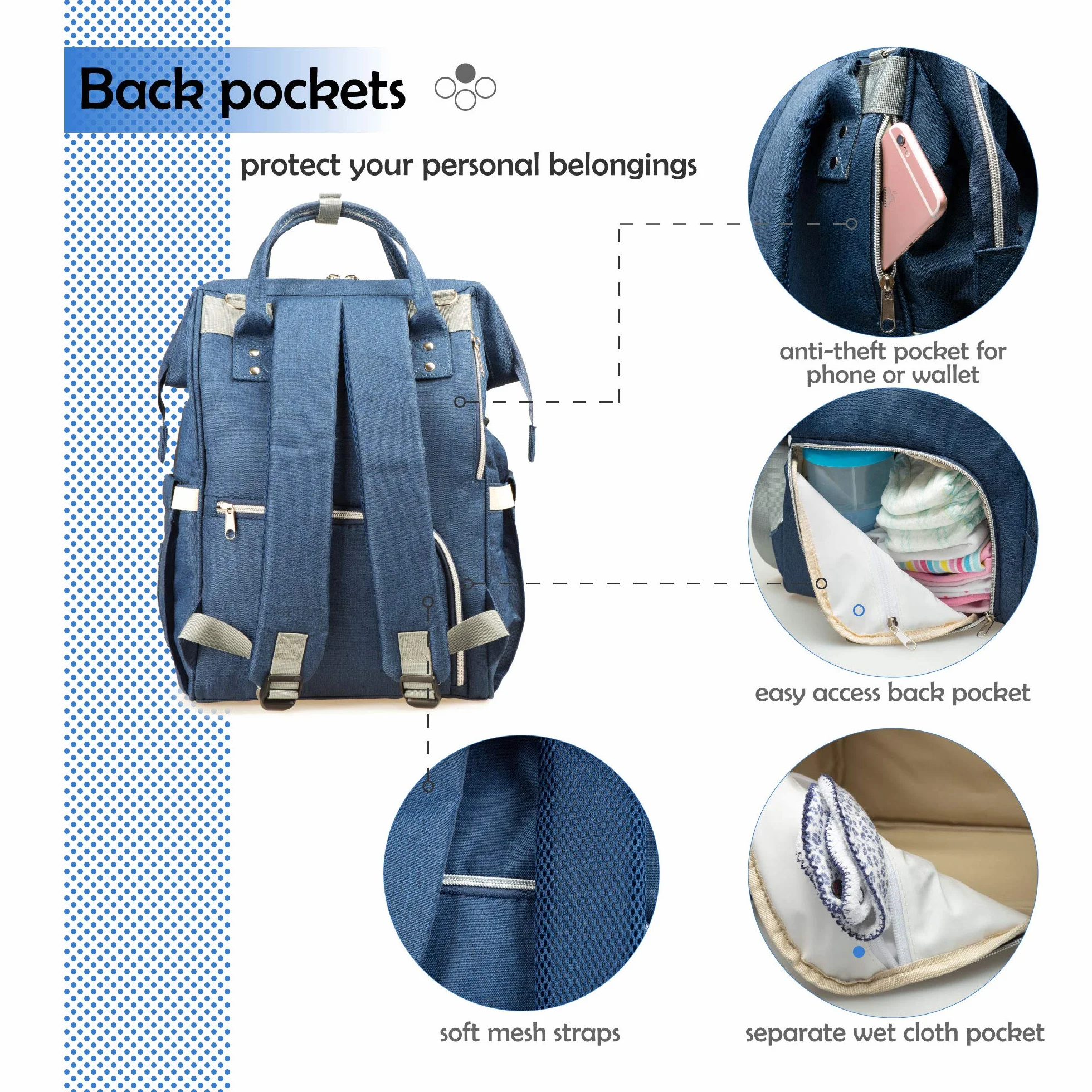 Zaino Mamma, Multifunzione Neonato Borsa con USB per Viaggio, Grande Capacit (Blu scuro)