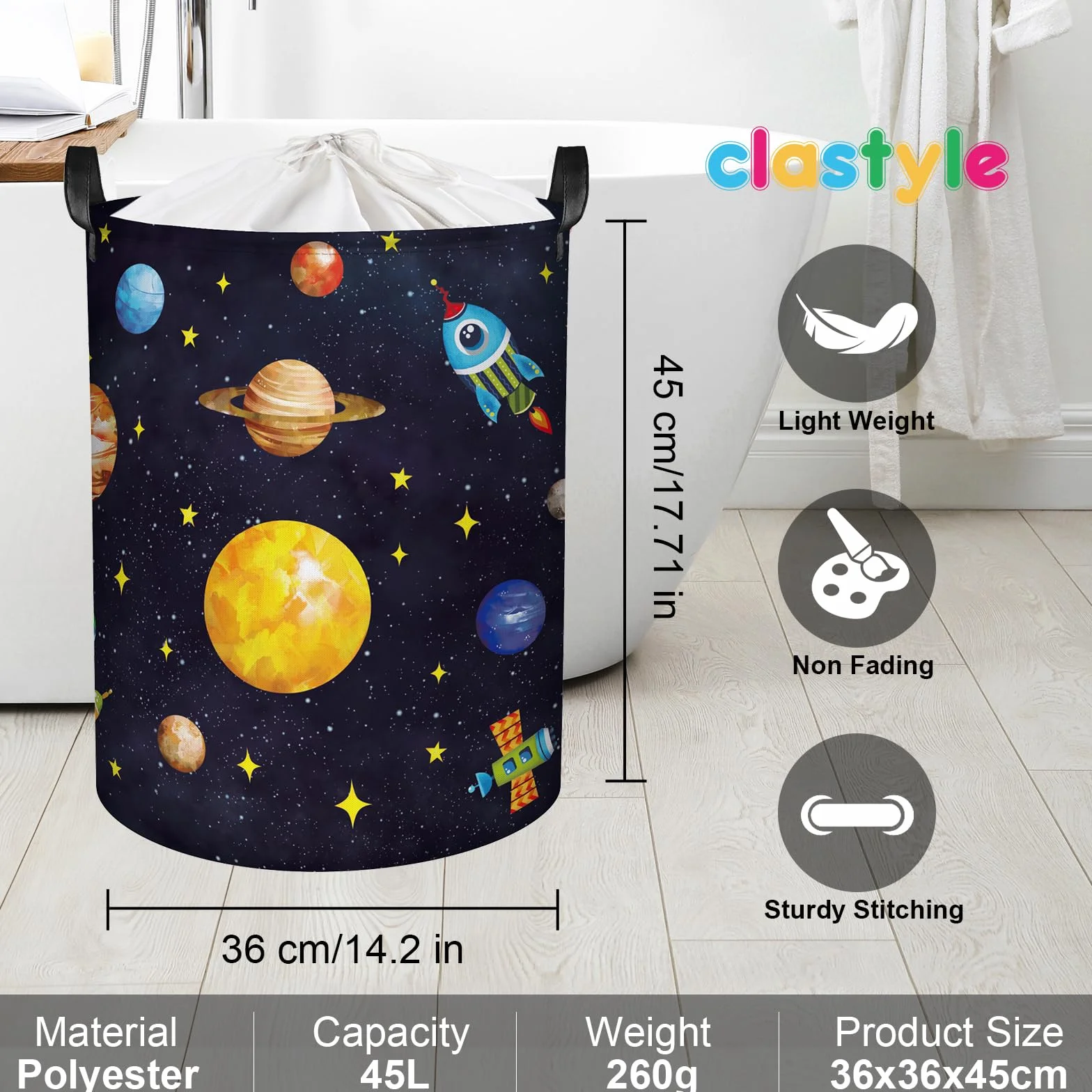 Clastyle Cesto Portabiancheria Spazio Cestino Portaoggetti Cosmico Cesta Biancheria Genitori per Organizzare Giocattoli Vestiti, Pianeta, 36x45 cm