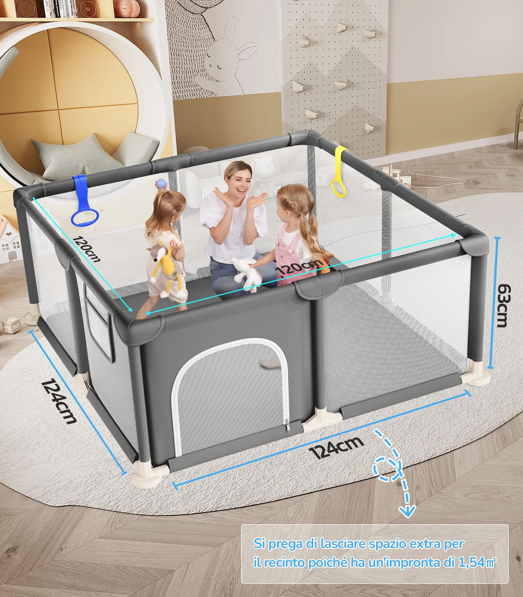 Dripex Box per Bambini Recinto Neonato - Small - Grigio Scuro | 124 x 124 cm Rete Traspirante Tessuto Oxford 210D, 2 Anelli di Gioco