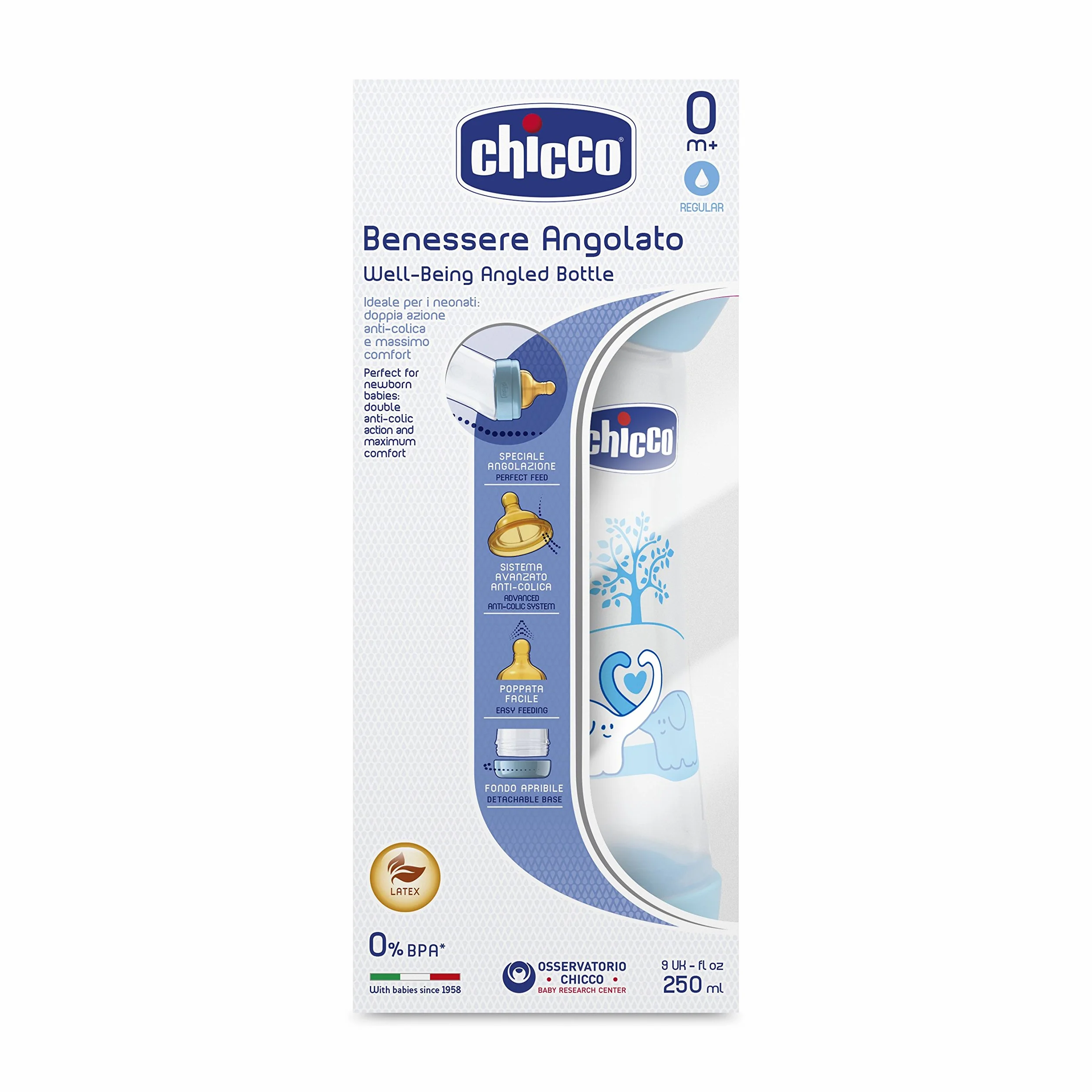 Chicco 00020620200000 Benessere Angolato Bambino Biberon, Caucciù, Flusso Regolare, 250 ml, Blu