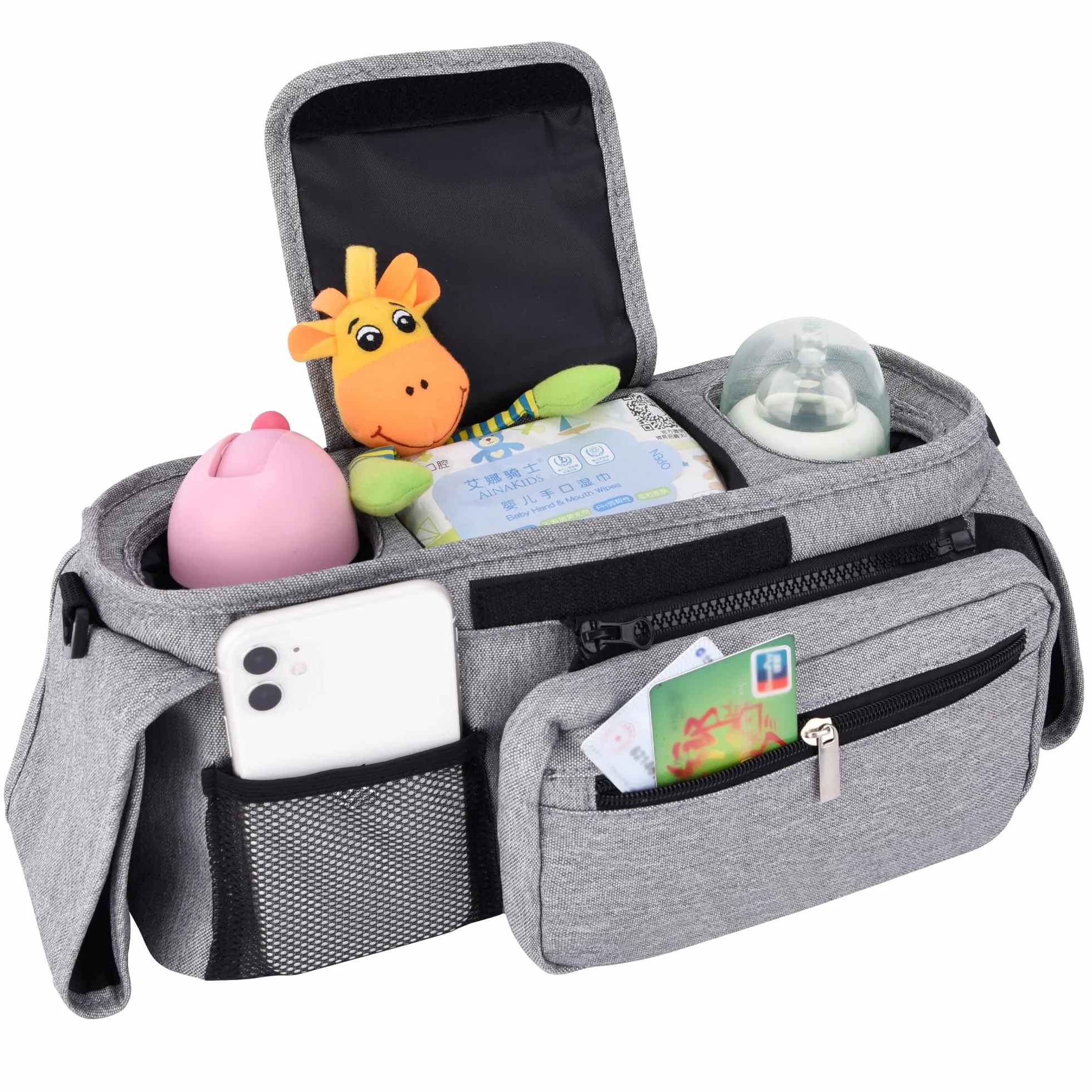 Bebamour Organizzatore per passeggino e ganci per passeggino 2PCS Borsa per carrozzina Organizzatore per passeggino Borsa di stoccaggio con tasca staccabile Tasca per cellulare Organizzatore,Grey