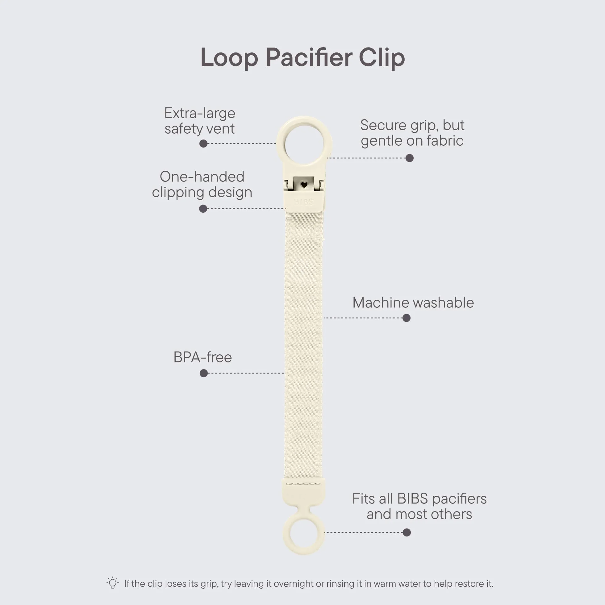 Clip per ciuccio BIBS Loop - Elegante e sicuro, utilizzabile con una sola mano, si adatta a tutti i BIBS e alla maggior parte delle marche, lavabile in lavatrice, età 0+ - Blush