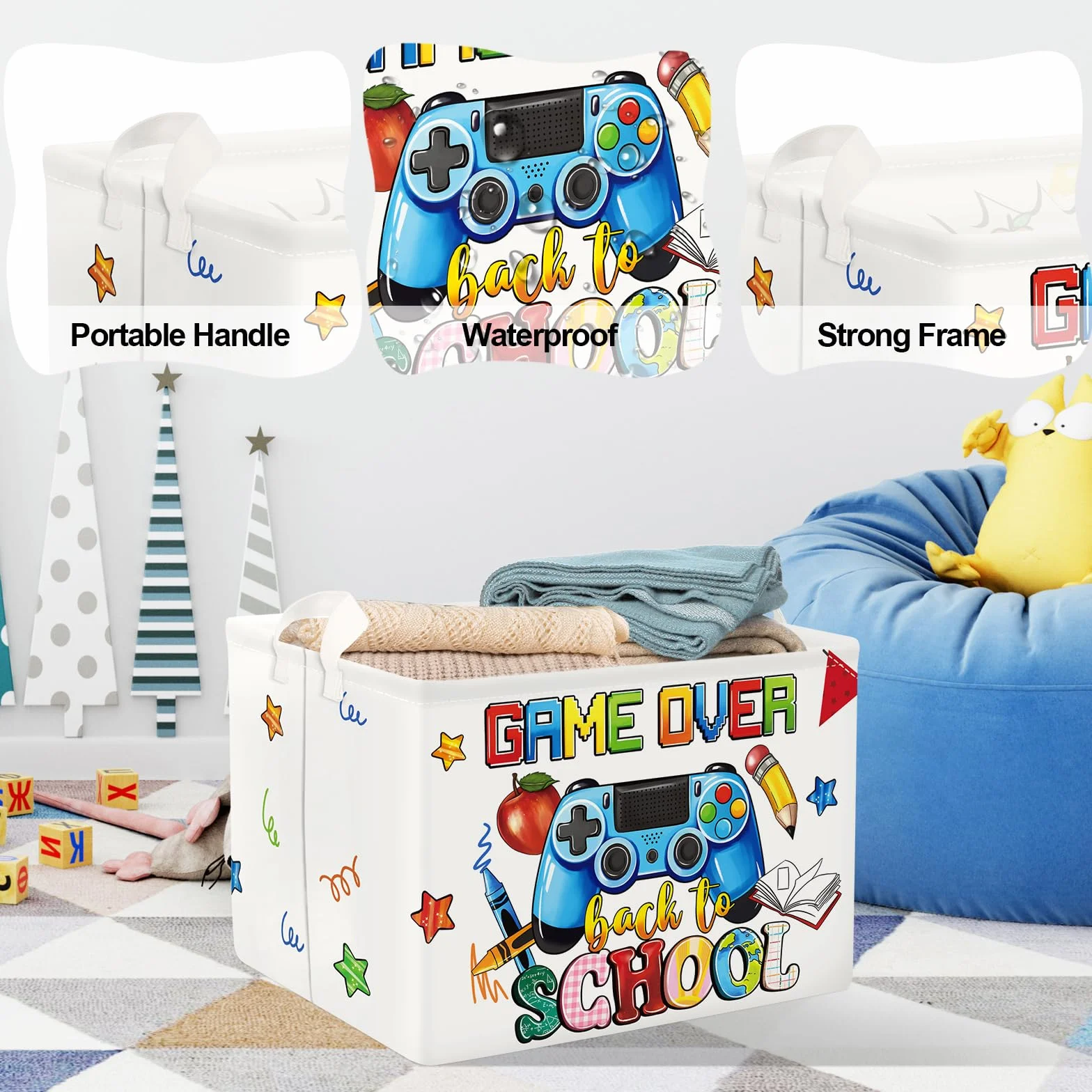 Clastyle Ceste Biancheria Gioco Cestino Giocattoli Vestiti Impermeabile per Ragazzo Ragazza Cestino Portaoggetti per Bagno Cameretta Bucato, Scuola Bianca, 40x30x30 cm