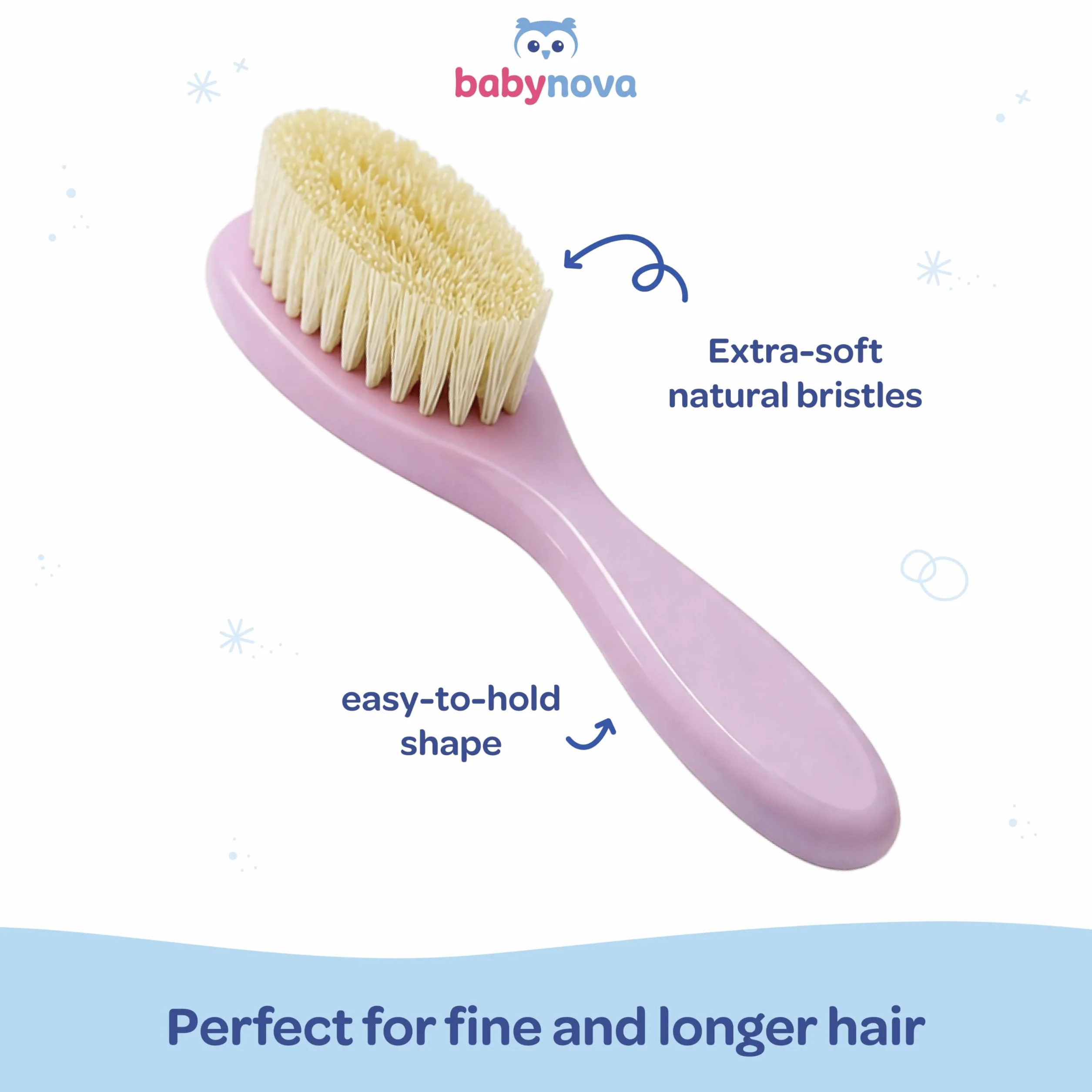 babynova Spazzola per bambini con setole naturali - Setole naturali extra morbide per la cura dei capelli di neonati e bambini piccoli - Spazzolatura delicata per cuoio capelluto sensibile - Rosa