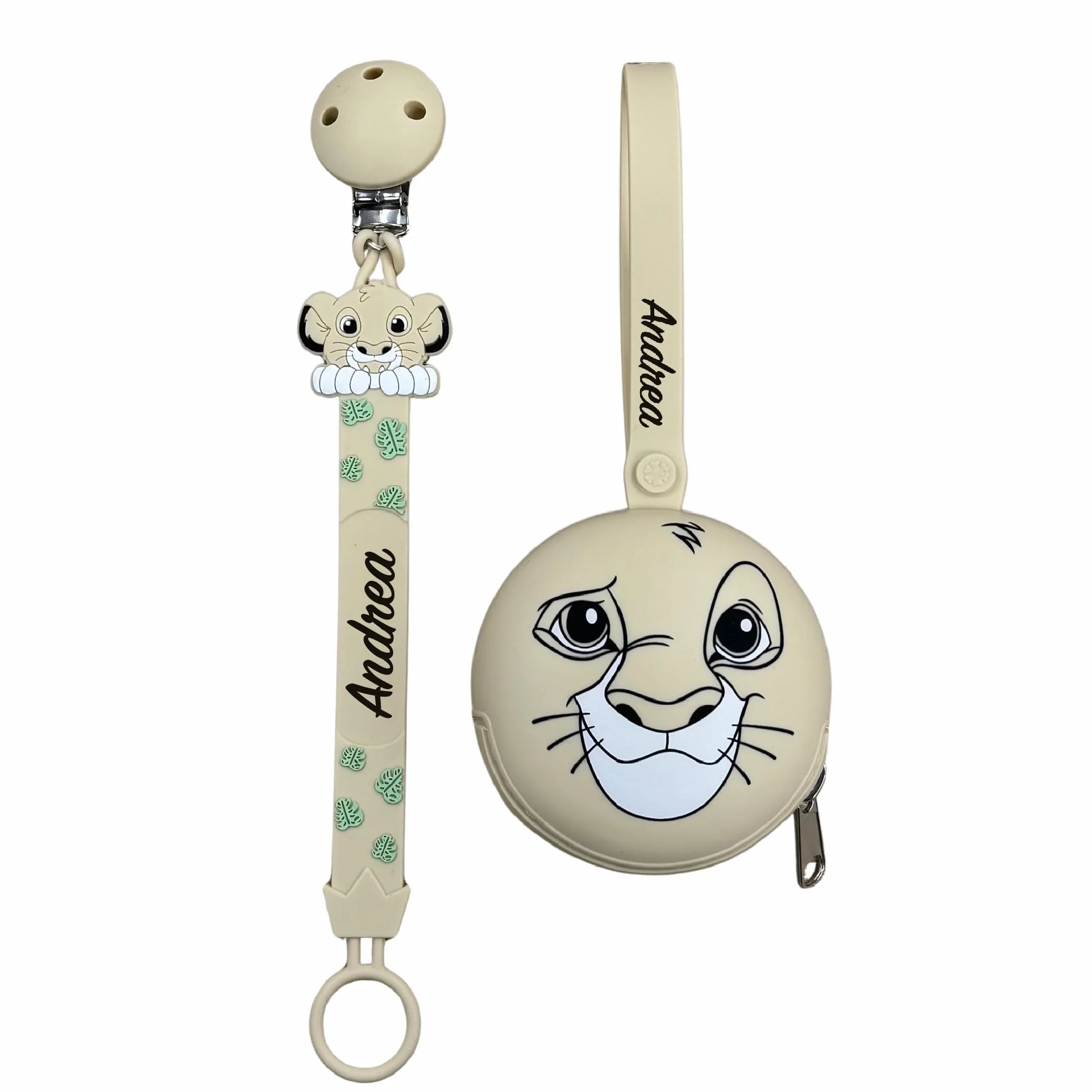 NOVITÁ Fettuccia IN SILICONE, per ciuccio personalizzata con nome, leone, BABYJART, lavabile,sicura per il bambino,compatibile con ciuccio MAM e CHICCO AZIENDA ITALIANA, MADE IN ITALY!