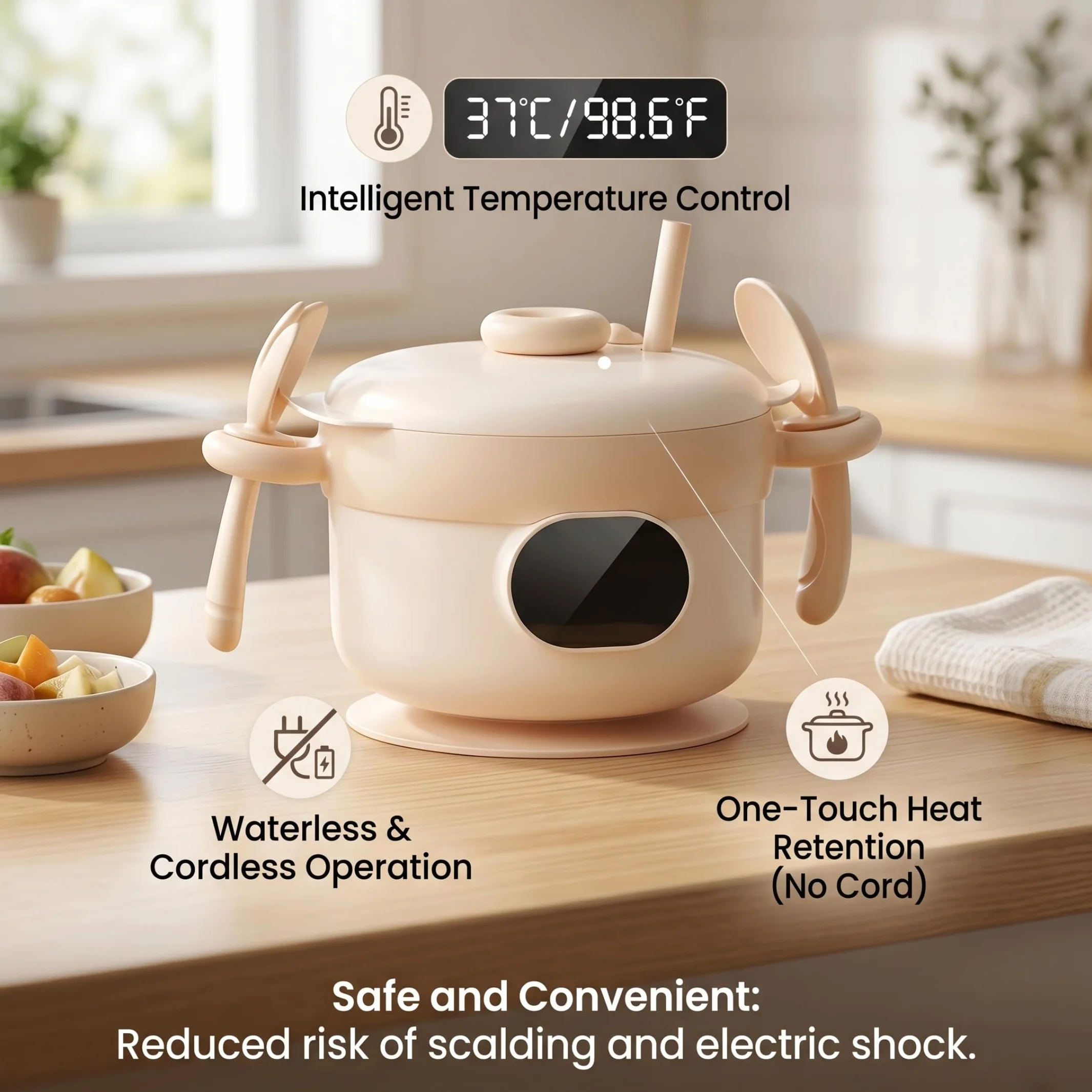 Scaldapappe intelligente ricaricabile con rivestimento in acciaio inossidabile, ciotole portatili a 3 temperature con cucchiaio, cannuccia e forchetta per la casa e l'esterno, Beige