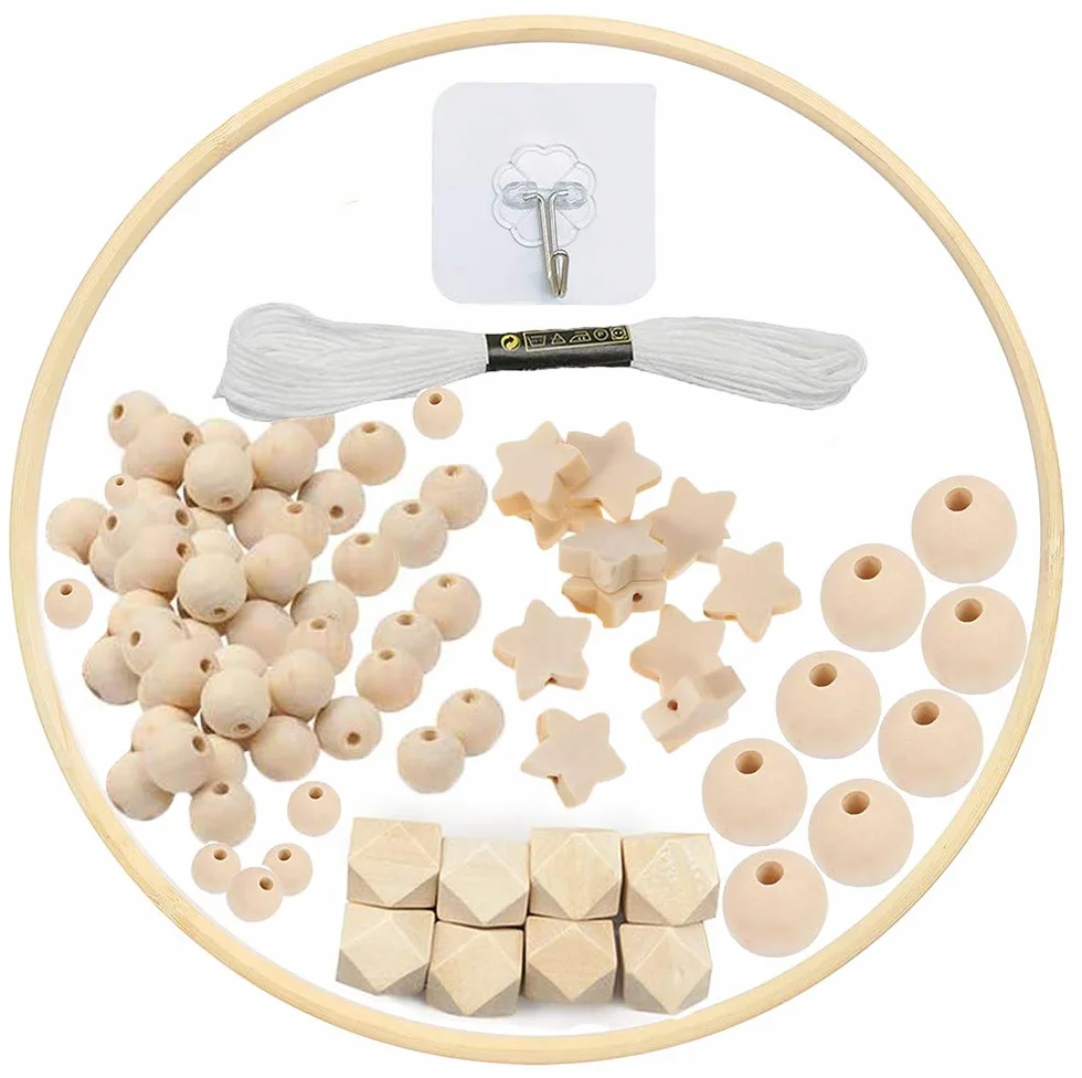 Kit telaio mobile in legno fai-da-te, campana a vento per culla, stella di perline in legno naturale artigianale, appendiabiti campana da letto, decorazioni per la casa cameretta regalo per bambini
