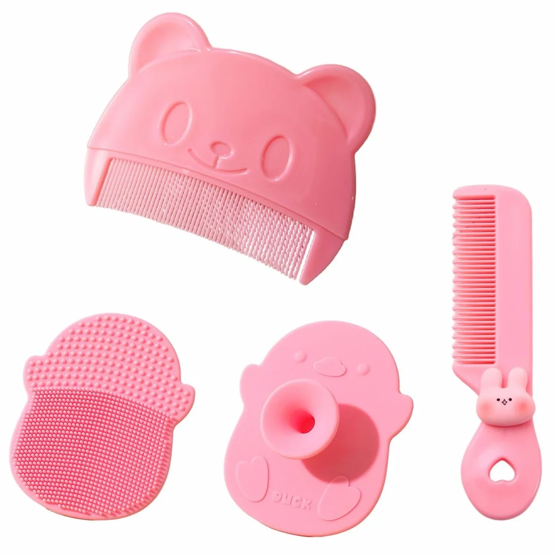 3 Pcs Spazzola Da Bagno, Pettine Neonato,Pettine Crosta Lattea Neonato, Spazzola e Pettine Neonato,Pazzola Per Bambini In Silicone Adatto Per Il Massaggio Del Cuoio Capelluto Del Neonato(Rosa)