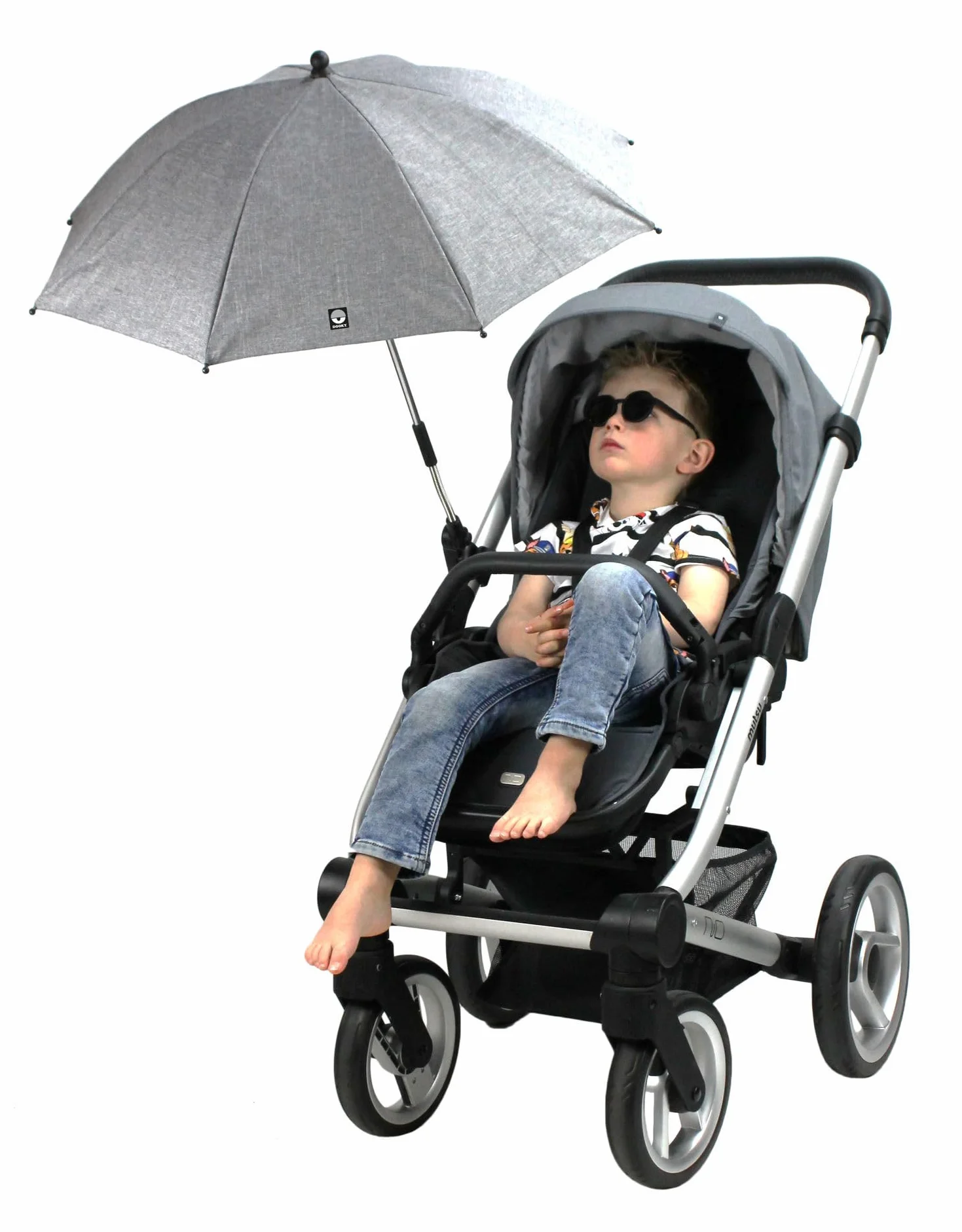 Ombrellone Dooky per carrozzina o passeggino (universale e flessibile, protezione UPF 50+, flessibilità di 180 gradi, tecnologia flex, sistema easyfix, idrorepellente), Grigio