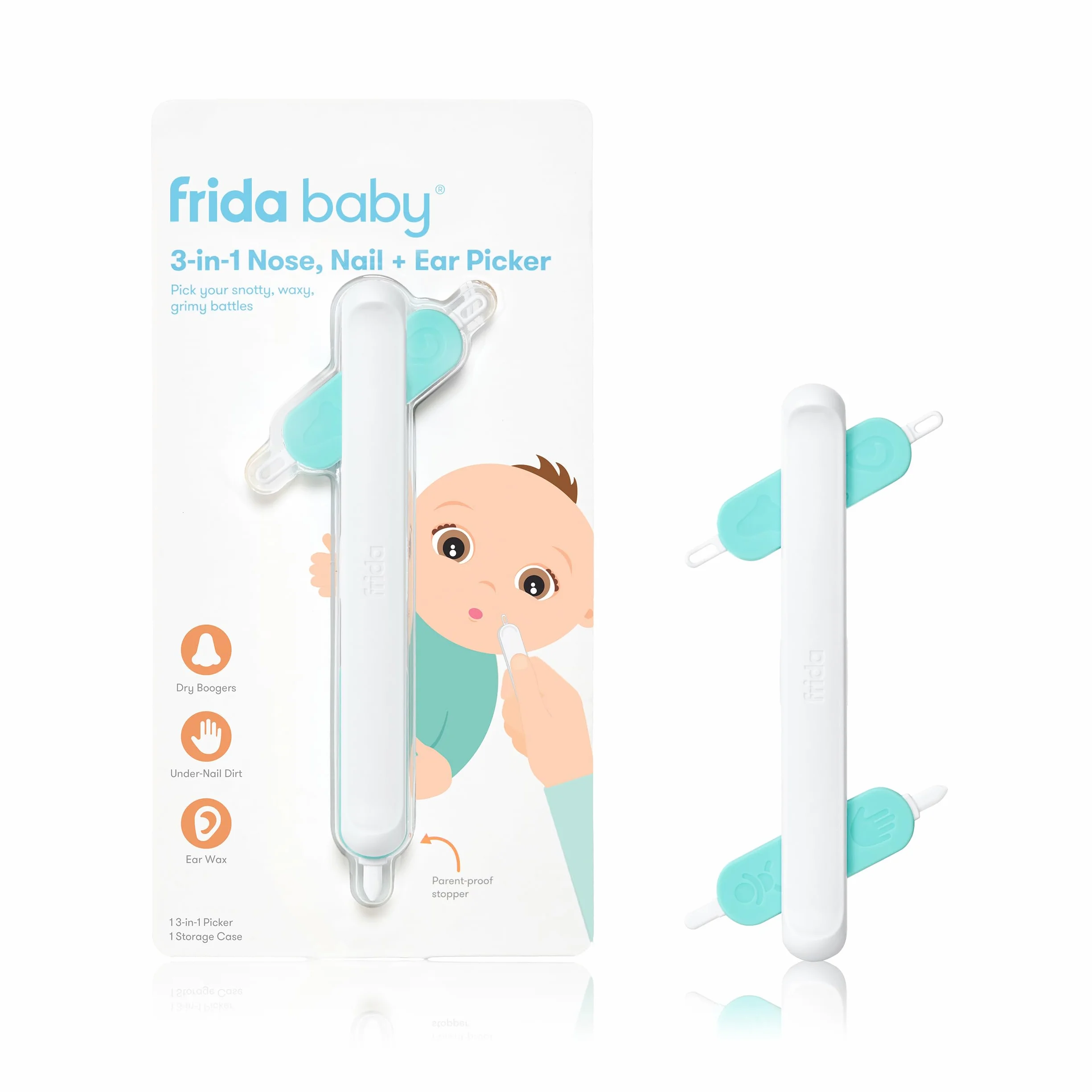 Frida Baby Picker 3 in 1 Pulizia Naso, Orecchie, Ombelico e Unghie – Kit Sicuro con 4 Accessori per Igiene Neonati – Include Custodia per Conservazione