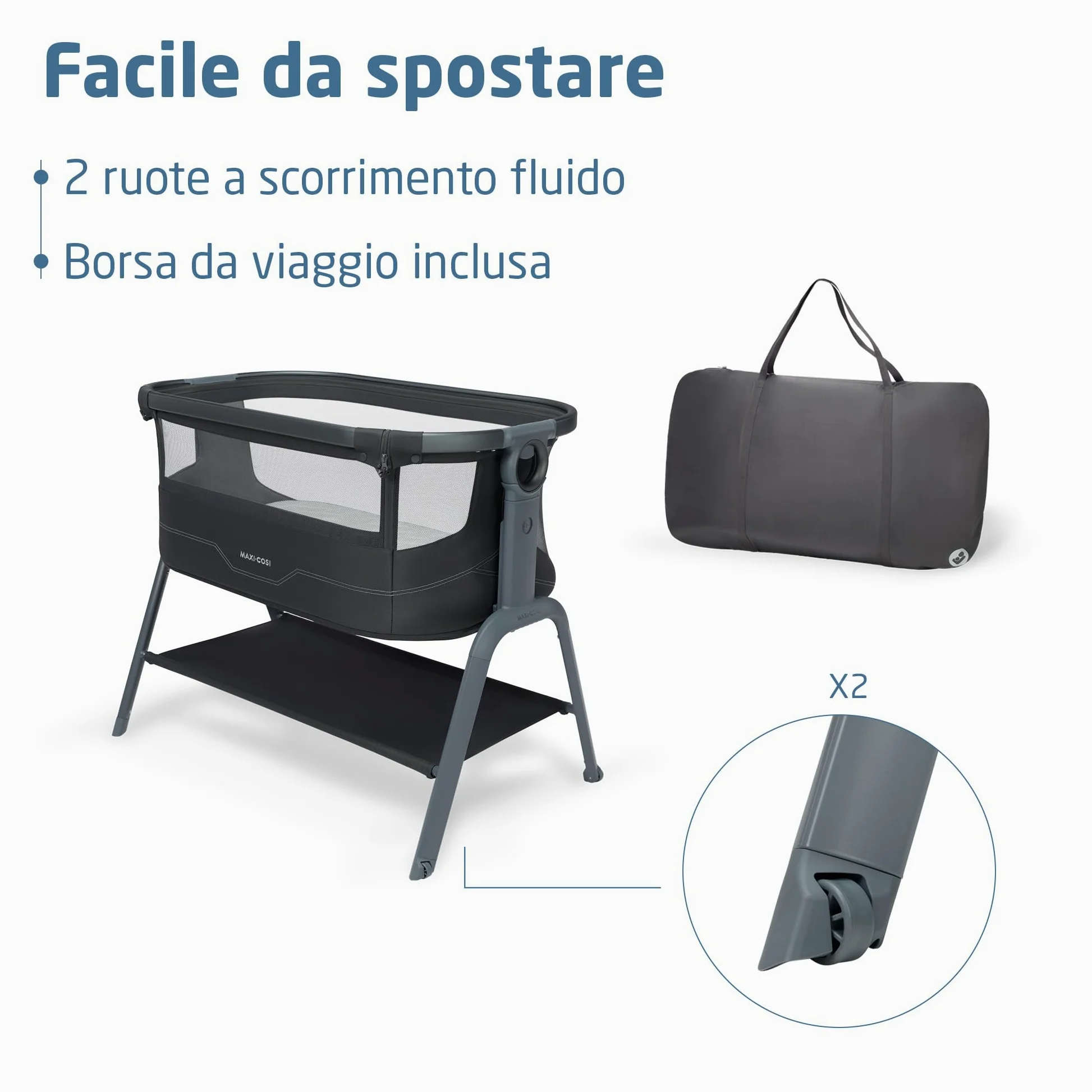 Maxi Cosi Iora² Culla Co-Sleeping, 0–6 Mesi (9 kg), Culla Neonato Fianco Letto Pieghevole e Leggera, Materasso 5 cm CloudCore, 5 Livelli, 2 Ruote Scorrevoli, Funzione Easy Slide, Elegance Graphite