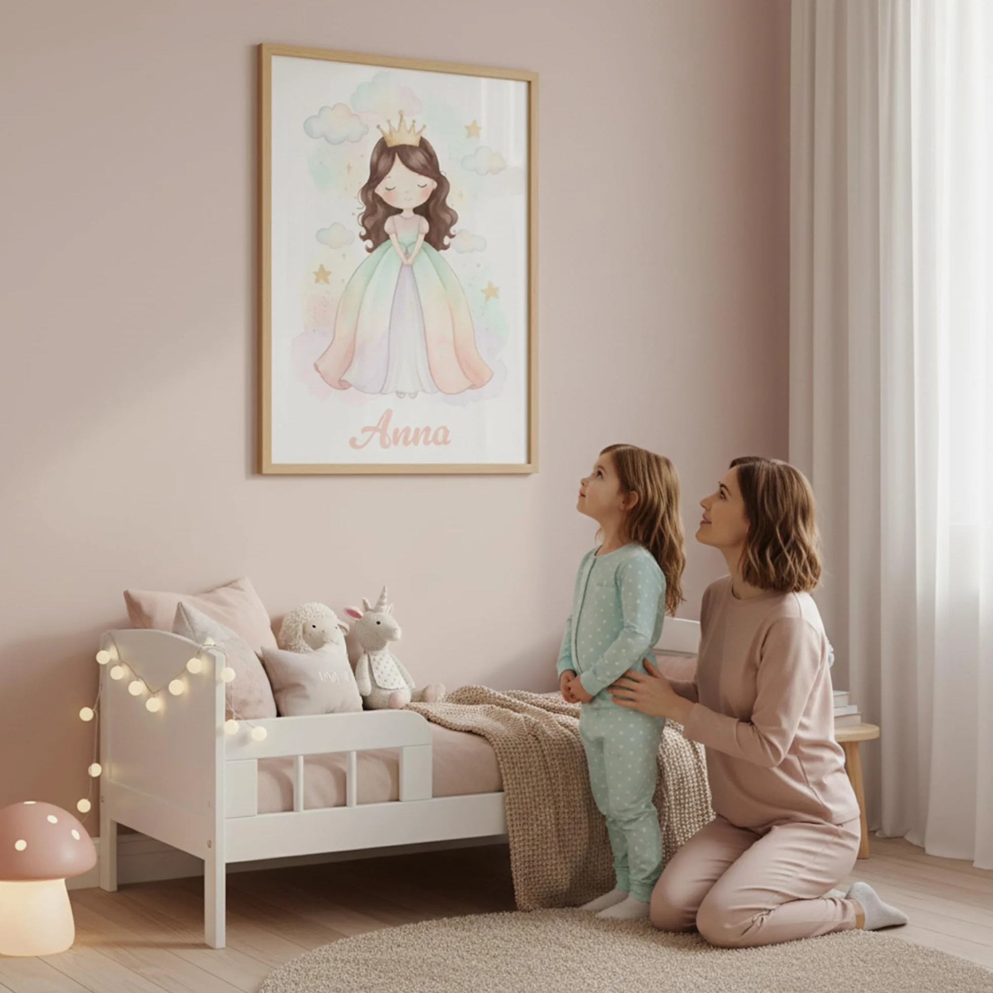 Triangle Déco Poster personalizzato nome Principessa dai capelli marroni con o senza Cornice pastello acquerello fata ragazza Poster Tela o Plexiglass regalo nascita compleanno Natale camera bambini