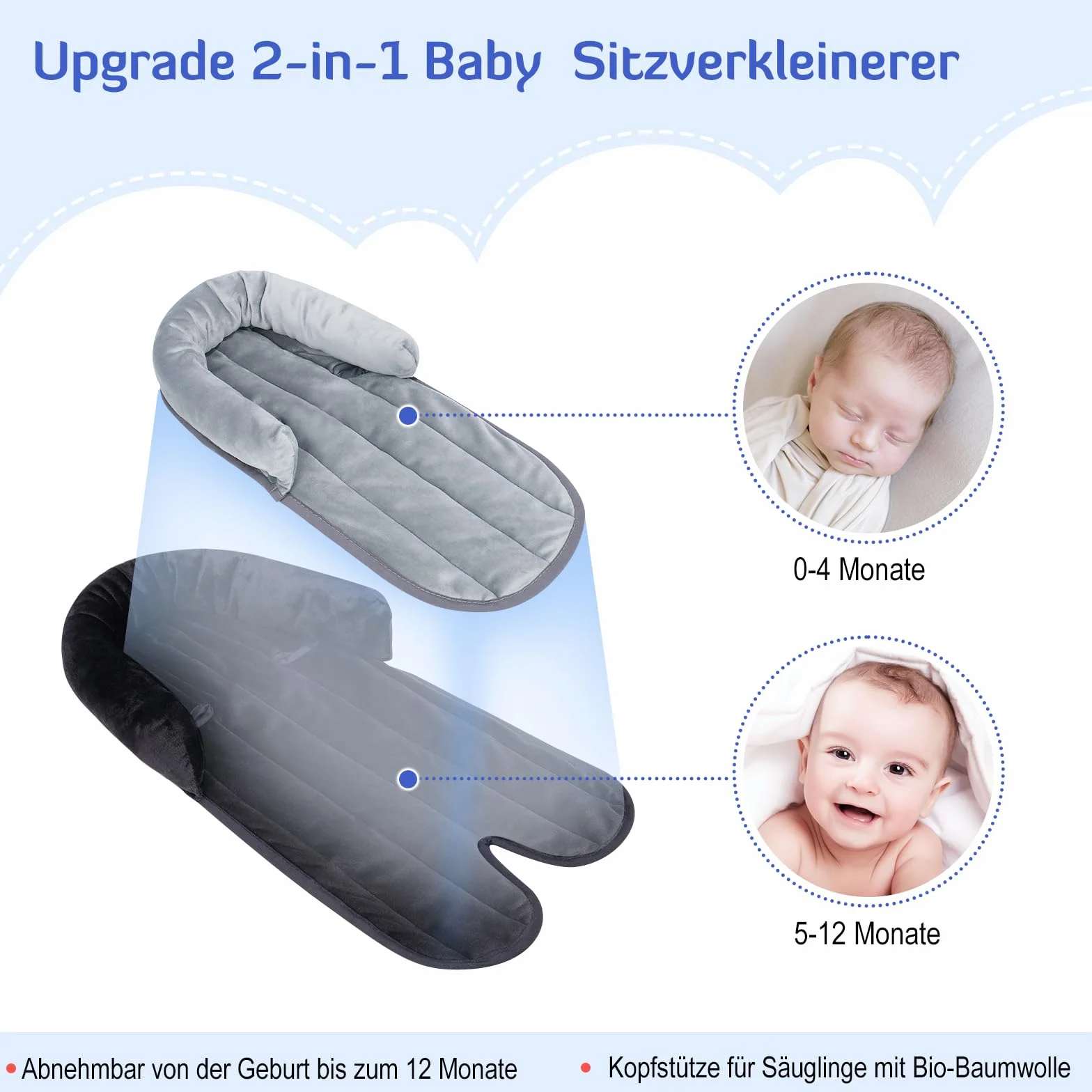 INFANZIA Riduttore per seggiolino 2 in 1, universale, per tutti i passeggini, per neonati, poggiatesta per ovetto e seggiolini auto, ideale per tutte le stagioni, 51 x 30 cm, nero