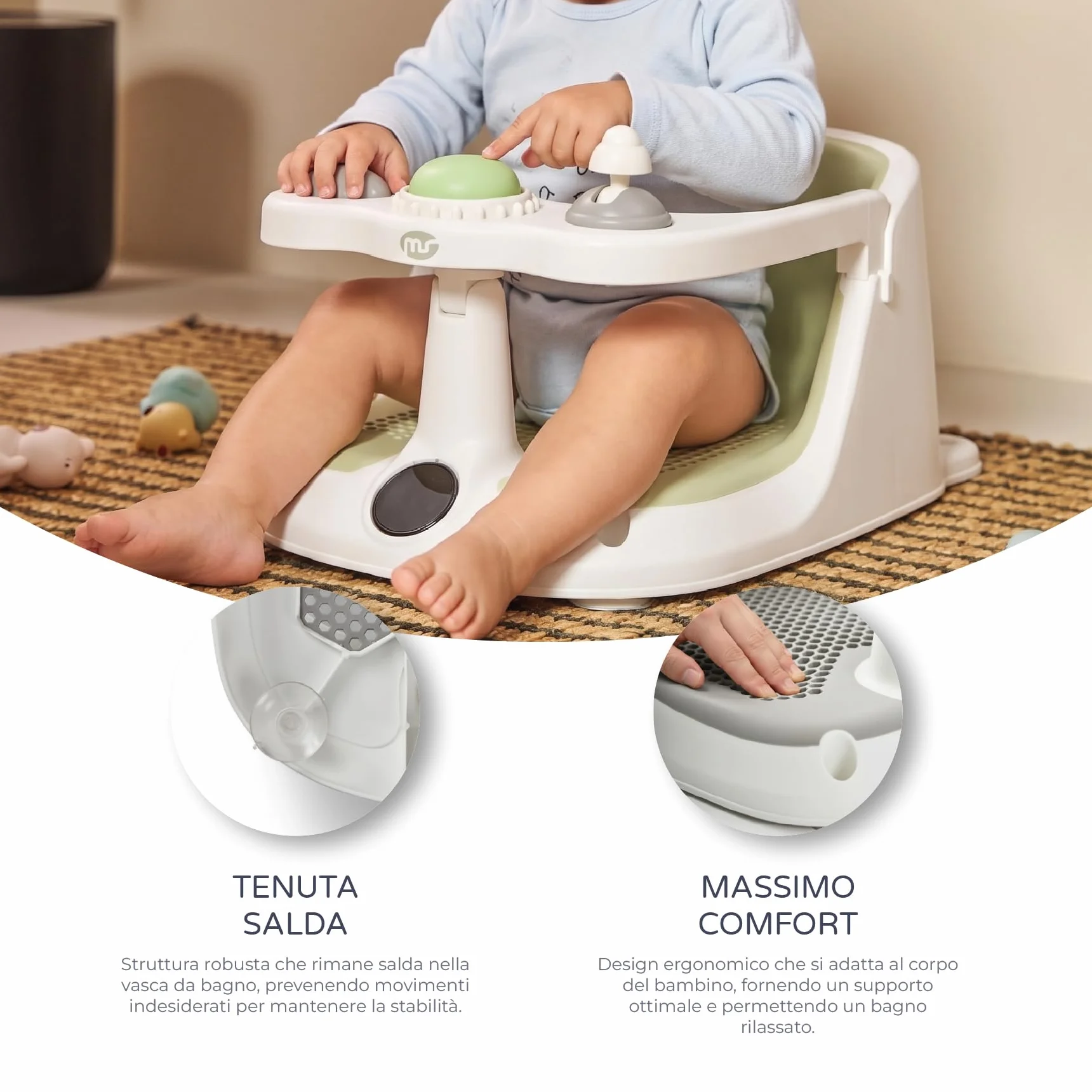 MS BabyWorld - Seggiolino da doccia per bambini, antiscivolo, per bambini, con temperatura da 6 a 24 mesi, sedia per vasca o doccia, con barra per un facile posizionamento del bambino