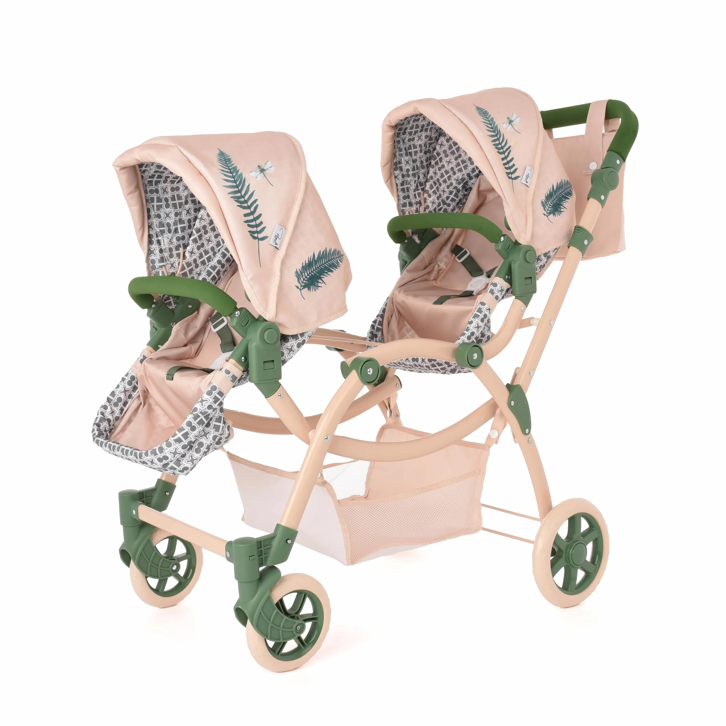 Roma RHS Passeggino doppio per bambole 36 mesi+, verde felce, tessuto riciclato ecologico, manico regolabile 69-84 cm, lunghezza 96-112 cm