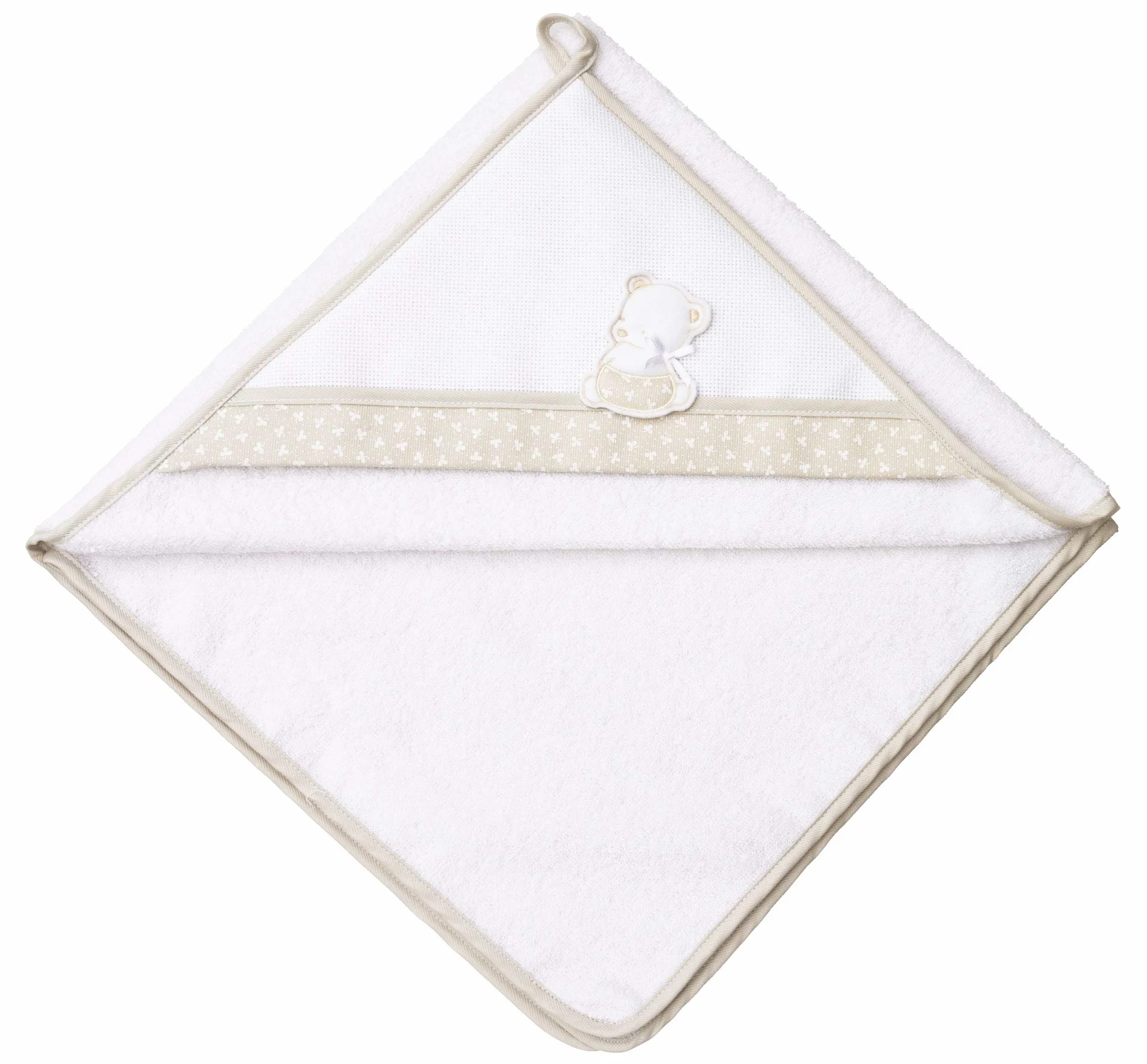Filet - Accappatoio Triangolo per Neonati in Morbida Spugna di Cotone da Ricamare con Ricamo a Forma di Orsetto, Perfetto per il Bagnetto, Made in Italy, Color Bianco e Beige