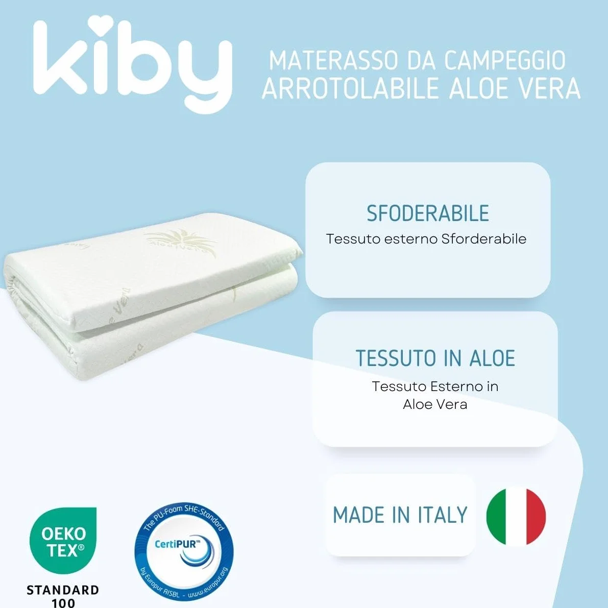 Kiby® Materasso per Lettino da Campeggio (Certificato OEKO-TEX® & CERTIPUR™) in Aloe Vera, Arrotolabile Alto 4 CM