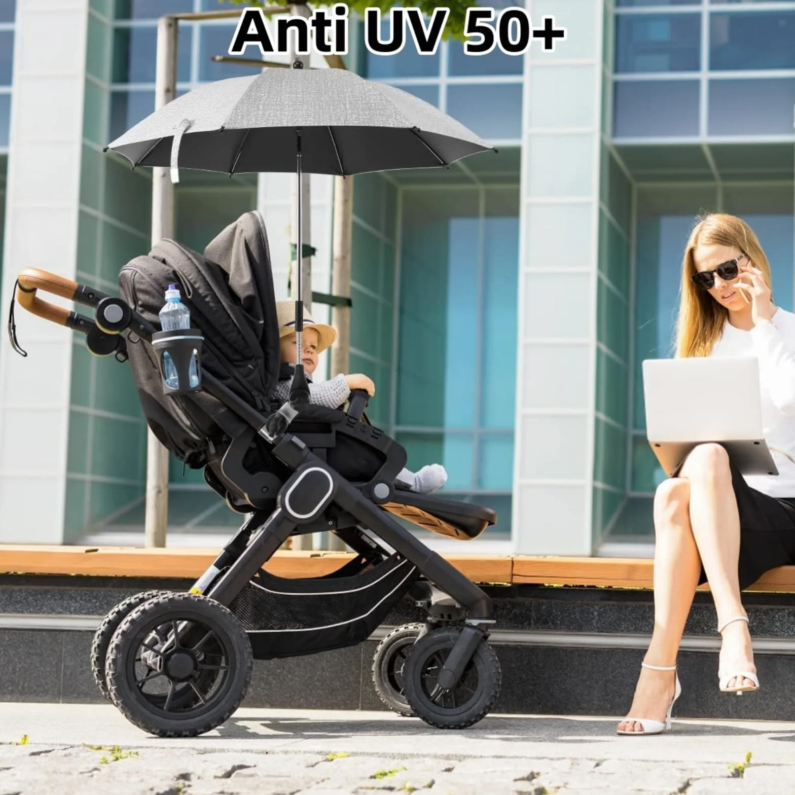 Ombrellino Parasole Passeggino, Ombrellino Passeggino Universale Anti UV 50+, Ombrello Parasole Passeggino con Un Manico, Ombrellone per Passeggino per Carrozzina e Passeggino, Grigio