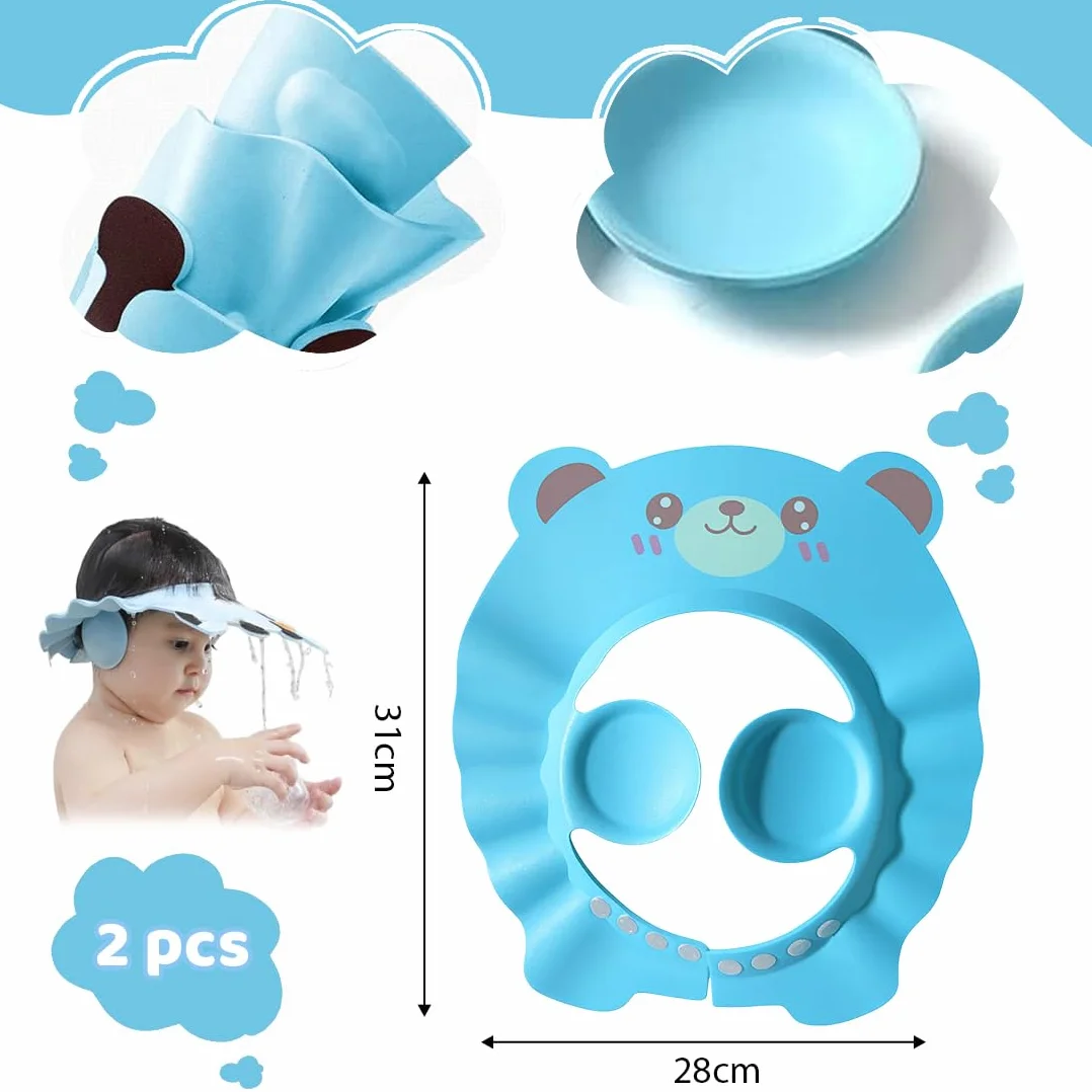 2 cuffie da doccia per bambini con protezione per le orecchie, ausili per lo shampoo, cuffie per il lavaggio dei capelli dei neonati (disegno con orso blu).