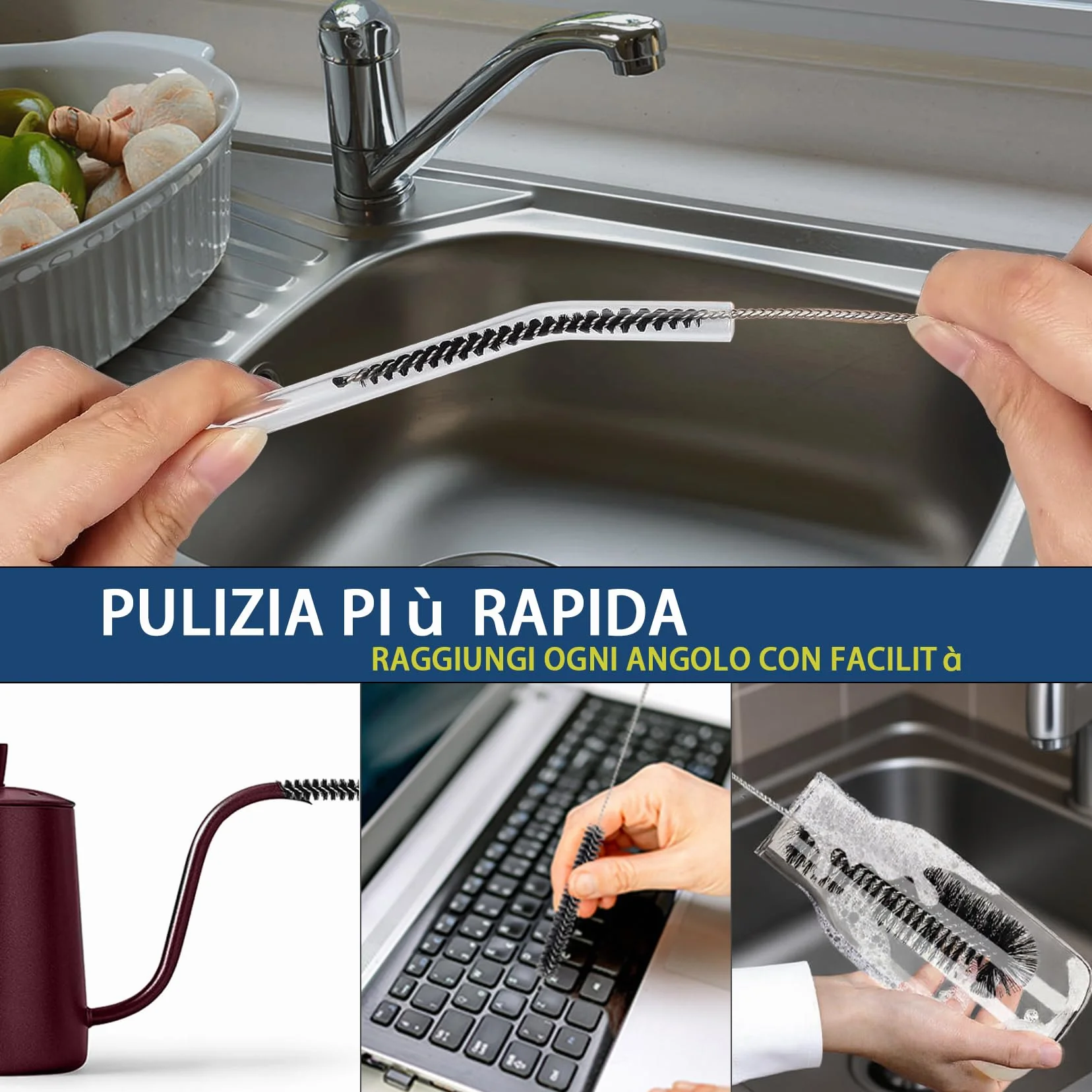 Spazzola Per Bottiglie, Set Di 8 Spazzolini In Nylon Per Cannucce E Tubi, Per Pulire Bottiglie A Collo Stretto, Biberon, Barattoli E Beccucci Di Teiera (Nero)