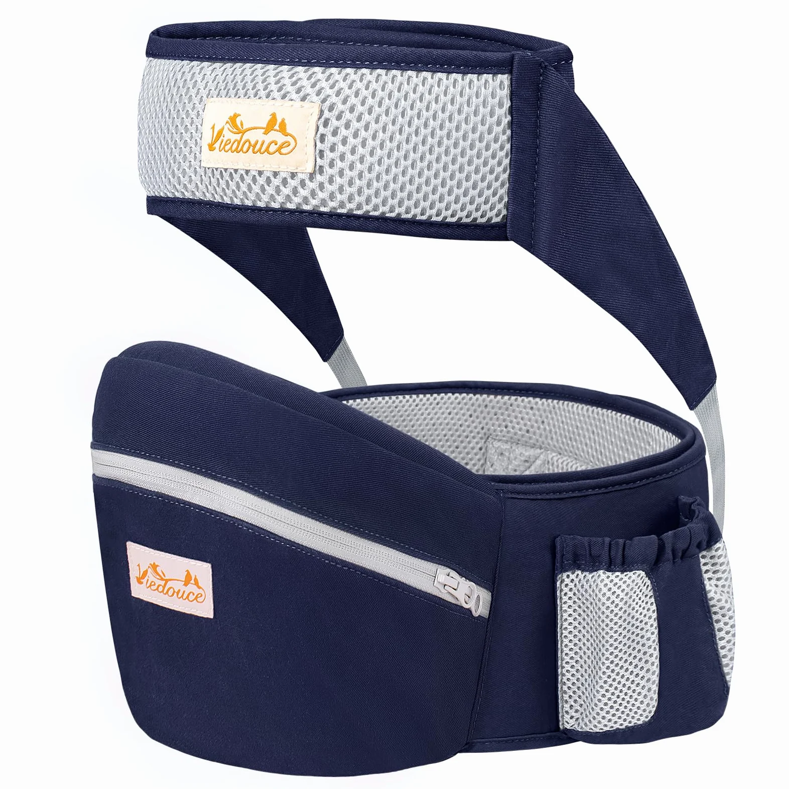 Viedouce Hipseat Marsupio con Protezione per Cintura di Sicurezza,Puro Cotone Leggero e Traspirante,Ergonomico Neonati Marsupio Sicurezza Supporto per Bambino da 4-36 Mesi (Blu Scuro)