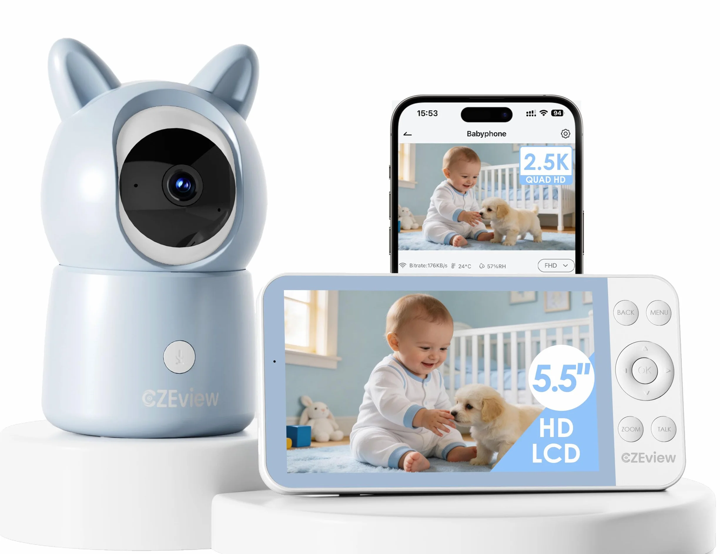 CZEview 5,5" 2.5K Baby Monitor Video e Audio, Luce Notturna & Musica, Telecamera Bambini, Controllo Tramite APP Mobile & Monitor (Blu)