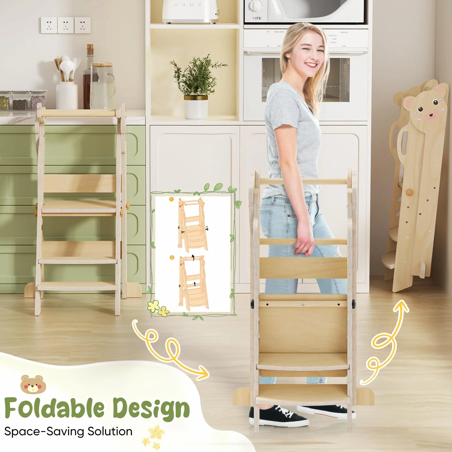 Torre di Apprendimento Pieghevole, 3 Altezze Regolabili, Fold Legno Torre Montessoriana da 1 a 6 Anni per Bambini, Montessori Learning Legno Naturale Kitchen Helper