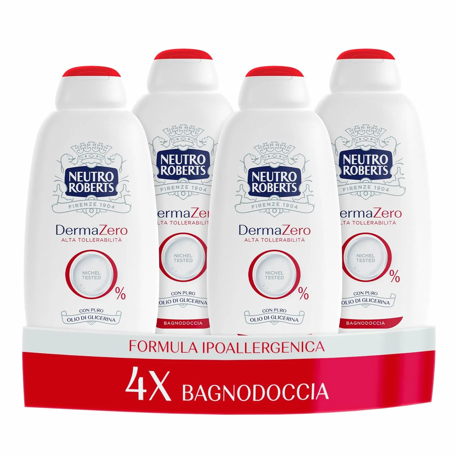 Neutro Roberts Bagnoschiuma Corpo Dermazero Ipoallergenico, Ottimo per Pelli Delicate e Sensibili, Privo di Sapone e Coloranti, Adatto a Uso Quotidiano e per l'Igiene dei Bambini, 4 Flaconi da 600 ml