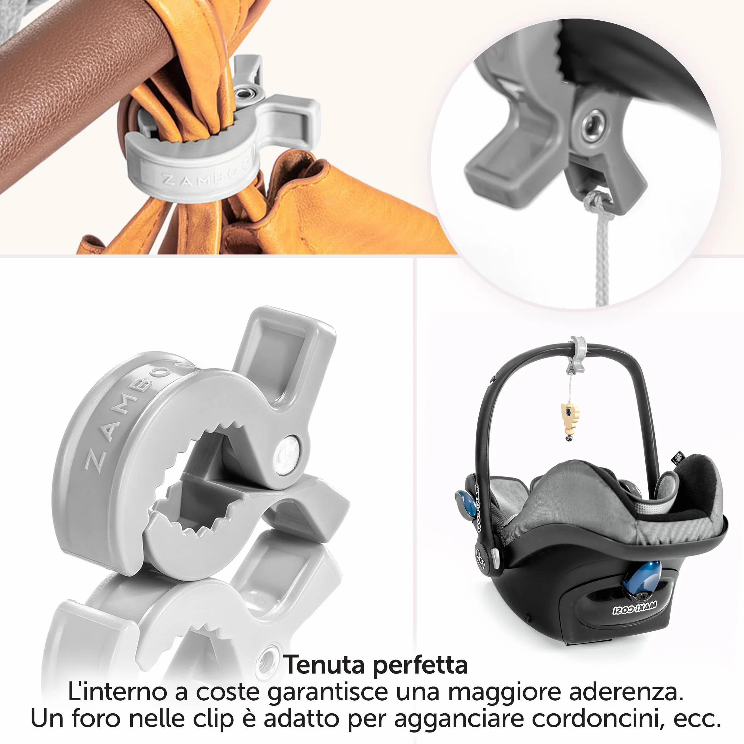 Zamboo Set di Mollette Passeggino - Pacco da 6 Ganci Passeggino Universali per il Fissaggio Facile e Veloce di Accessori Passeggino - Bianco Grigio