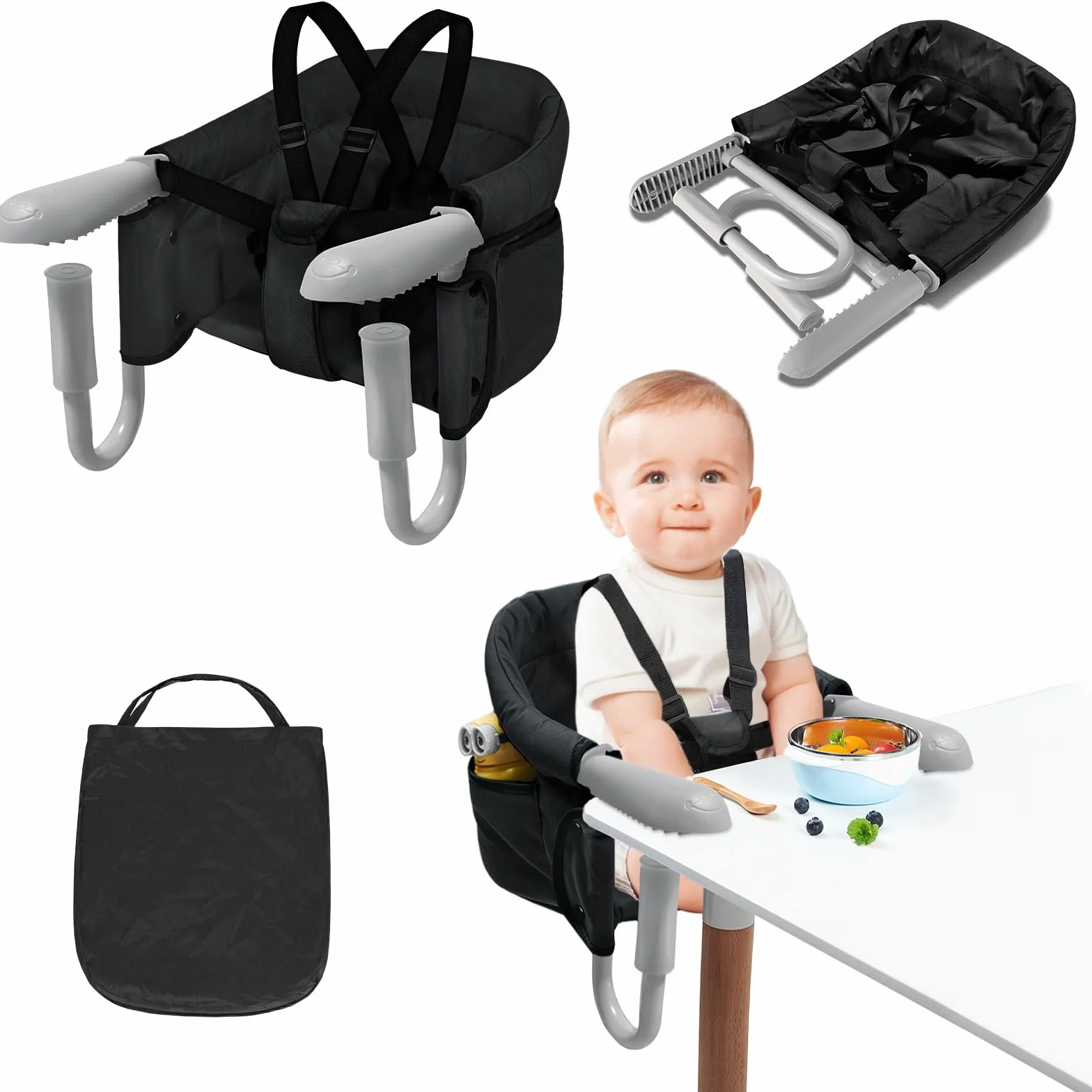 LARS360 Seggiolino da tavolo per bambini, pieghevole, rialzo per la casa e in viaggio, adatto per bambini dai 6 ai 36 mesi, peso inferiore a 15 kg, nero