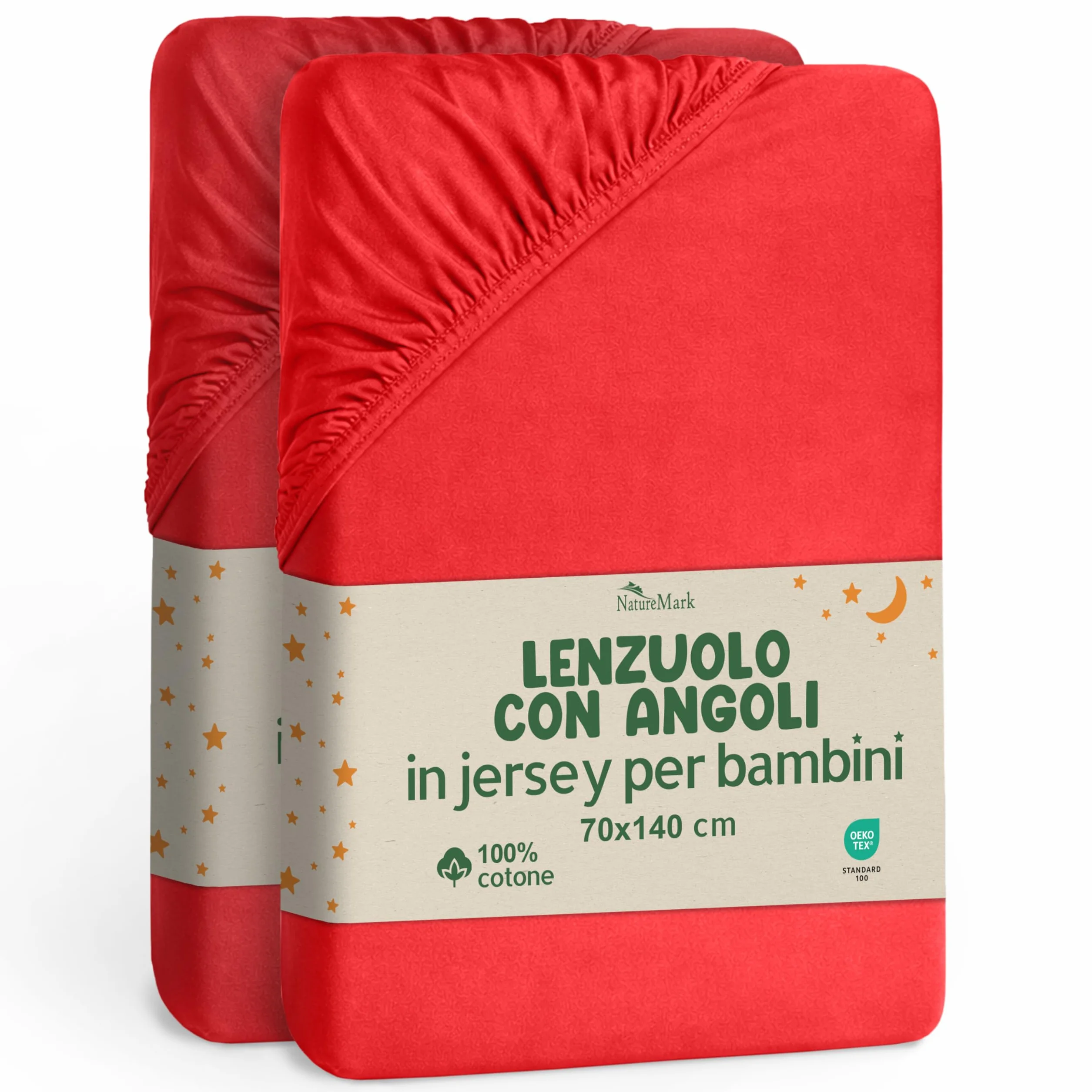 NatureMark Lenzuolo con angoli elasticizzati per bambini, 70 x 140 cm, morbido jersey, 100% cotone, set da 2 per culla e culla, rosso