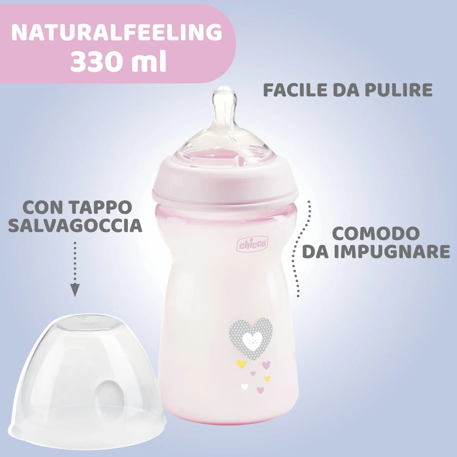 Chicco Biberon Anticolica Natural Feeling, 6 Mesi +, 330 ml, Biberon con Tettarella in Silicone Morbida e Flessibile, Adatto per allattamento misto, Flusso veloce, Rosa e Neutro, 2 Pezzi