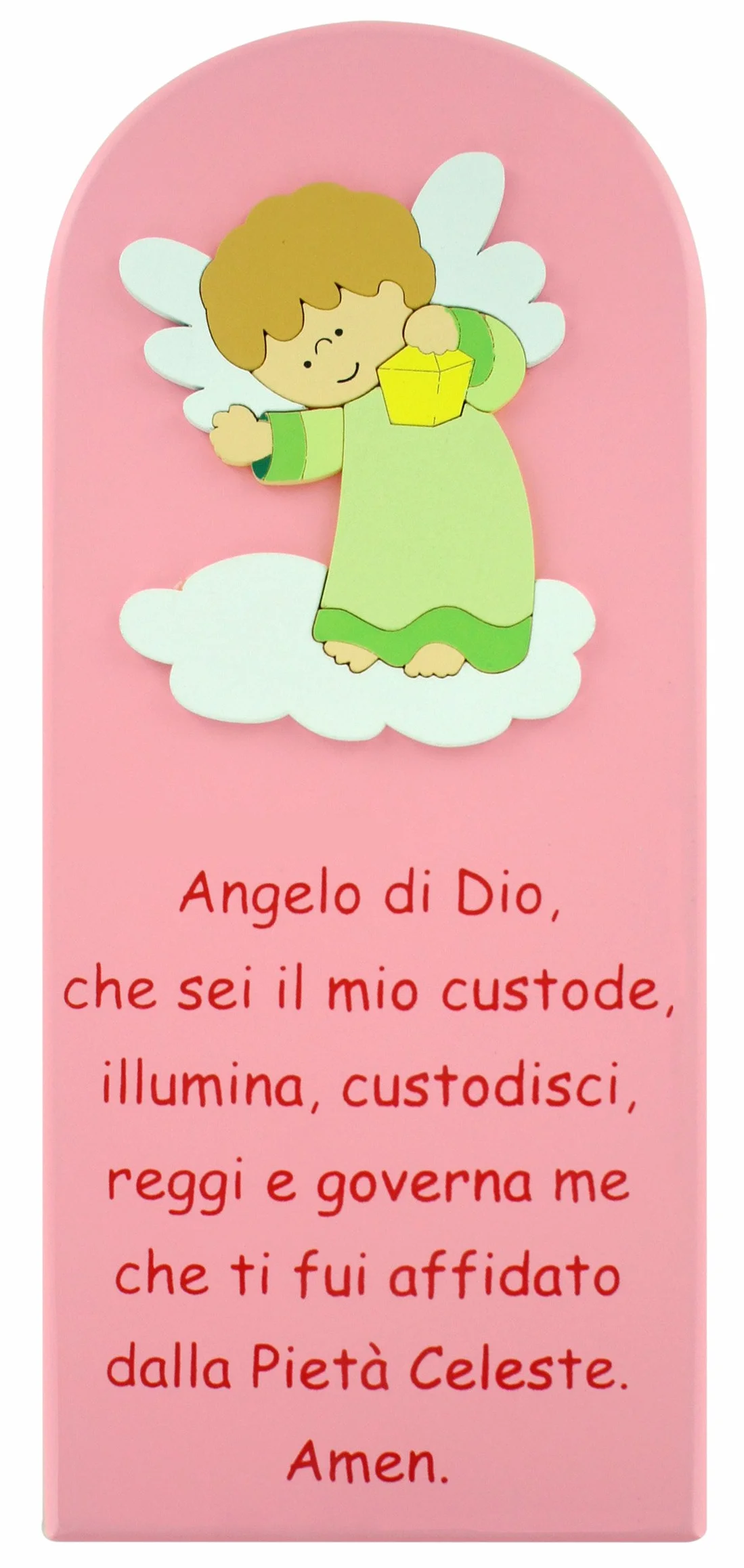 Ferrari & Arrighetti Quadretto per Bimbe, Quadro Preghiera Angelo di Dio in Legno Rosa con Angelo Verde da Appendere al Muro/Parete, Idea Regalo per Bambine e Ragazze del Catechismo, 28 x 12 Cm