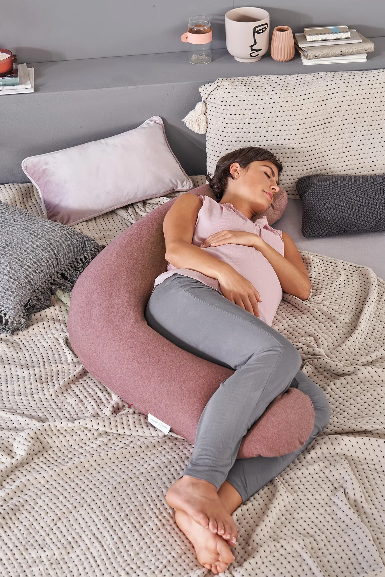 Theraline Cuscino originale per gravidanza e allattamento, imbottitura in microsfere sottili, rivestimento esterno melange grigio medio, collezione bambù, 190 cm