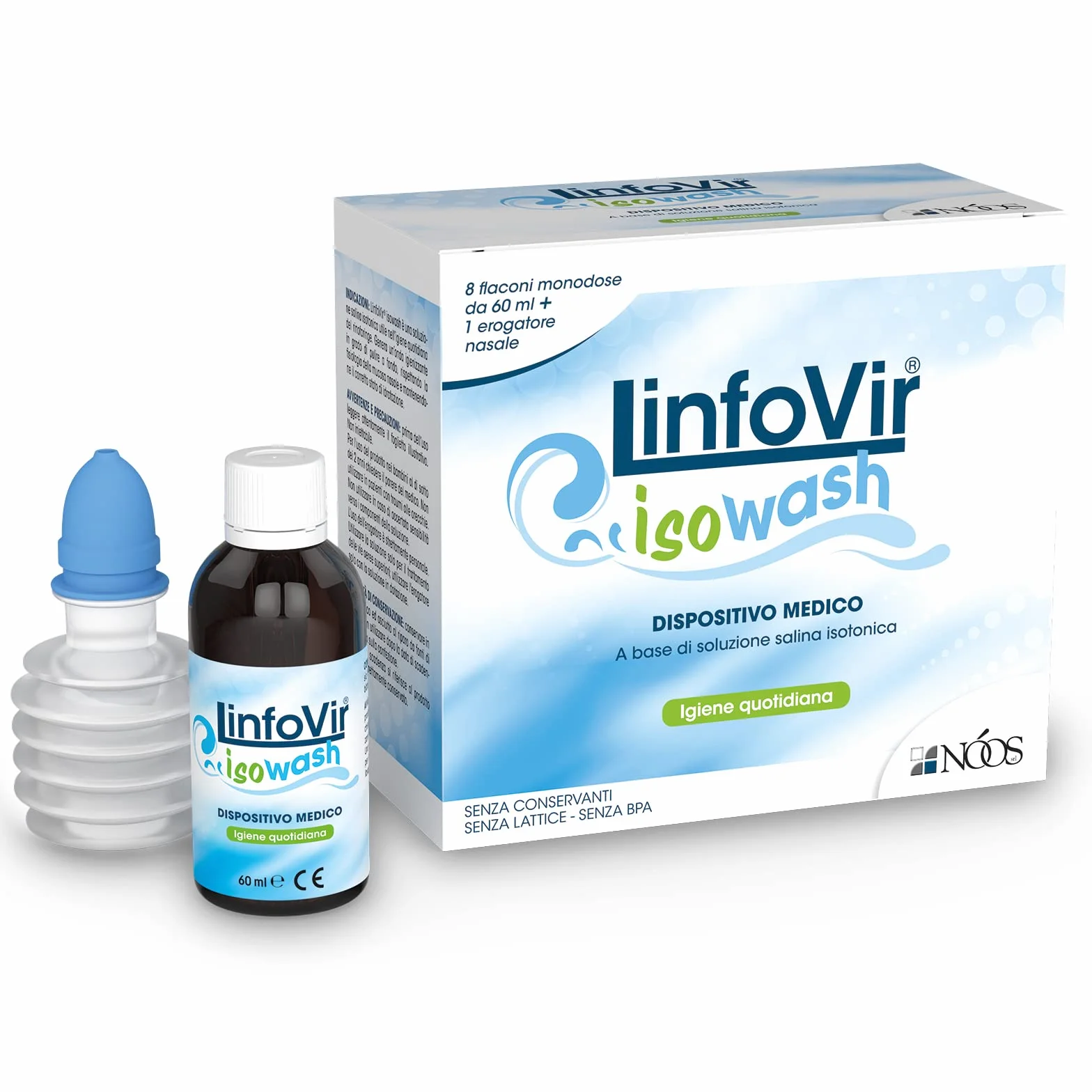 LinfoVir® ISOWASH Soluzione Isotonica per Lavaggi Nasali Adulto e Bambino 8 Flaconi Monodose da 60ml Kit Completo Erogatore a Soffietto Pulizia Naso e Detersione Delicata per Adulti e Bambini