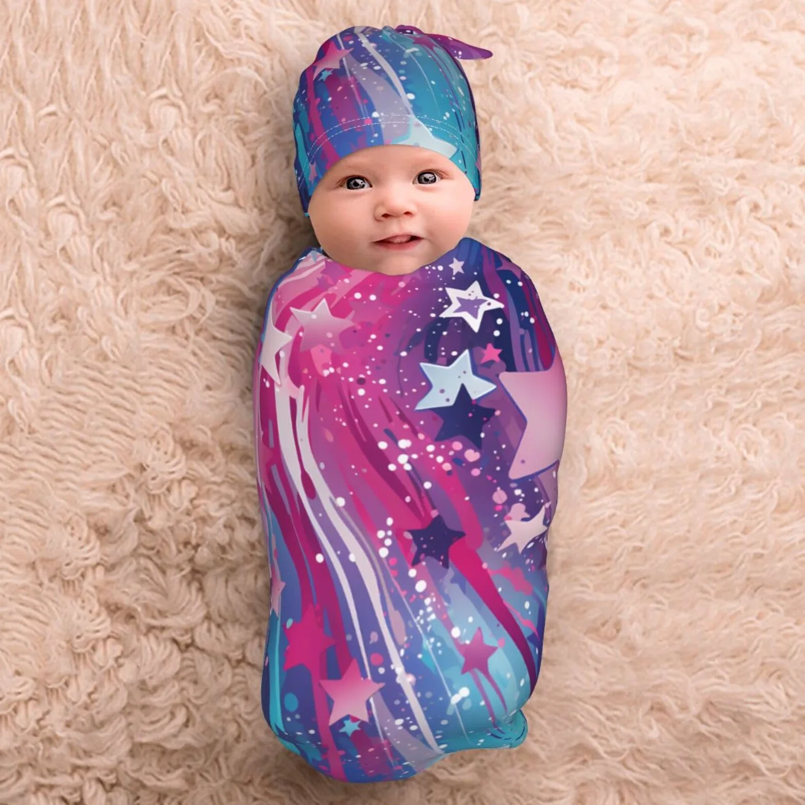 3D Stars Swaddle Coperta E Cappello Set Per Neonati Avvolgere Accogliente Per Neonati Bambino Comfort 29x53 cm