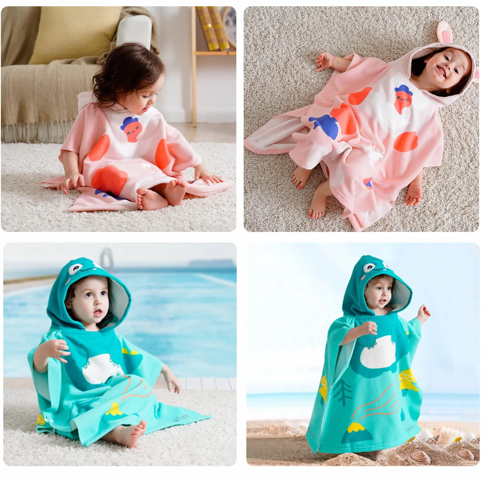 Bebamour Asciugamani con cappuccio indossabile per bambini, Asciugamano assorbente, Dino