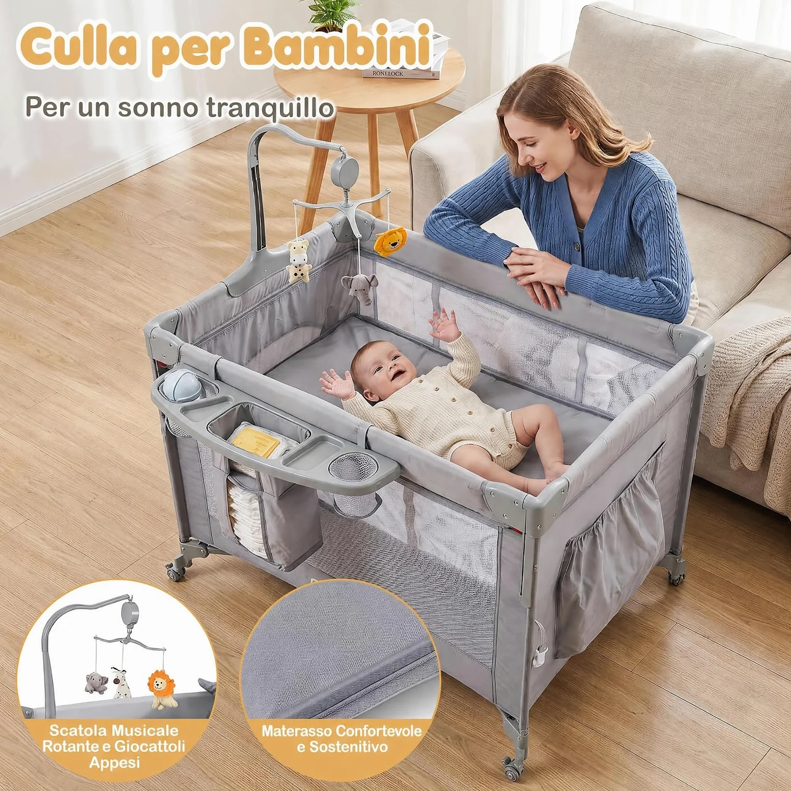 COSTWAY 5 in 1 Culla Co-sleeping Pieghevole per Neonato con Ruote (Grigio) | Lettino da Affiancare Portatile con Fasciatoio, Meterasso, Giocattoli e Carillon, Altezza Regolabile, per Bambini 0-3 Anni