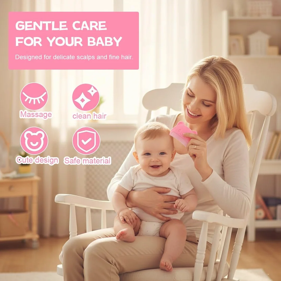 3 Pcs Spazzola Da Bagno, Pettine Neonato,Pettine Crosta Lattea Neonato, Spazzola e Pettine Neonato,Pazzola Per Bambini In Silicone Adatto Per Il Massaggio Del Cuoio Capelluto Del Neonato(Rosa)