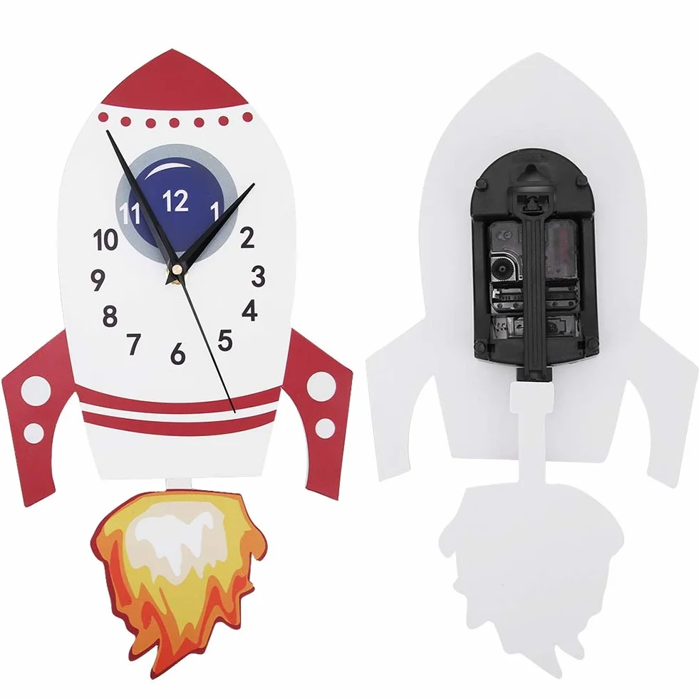 Orologio per decorazioni per la camera da letto per bambini, batteria a parete silenziosa per parete silenziosa a razzo cartone animato per bambini