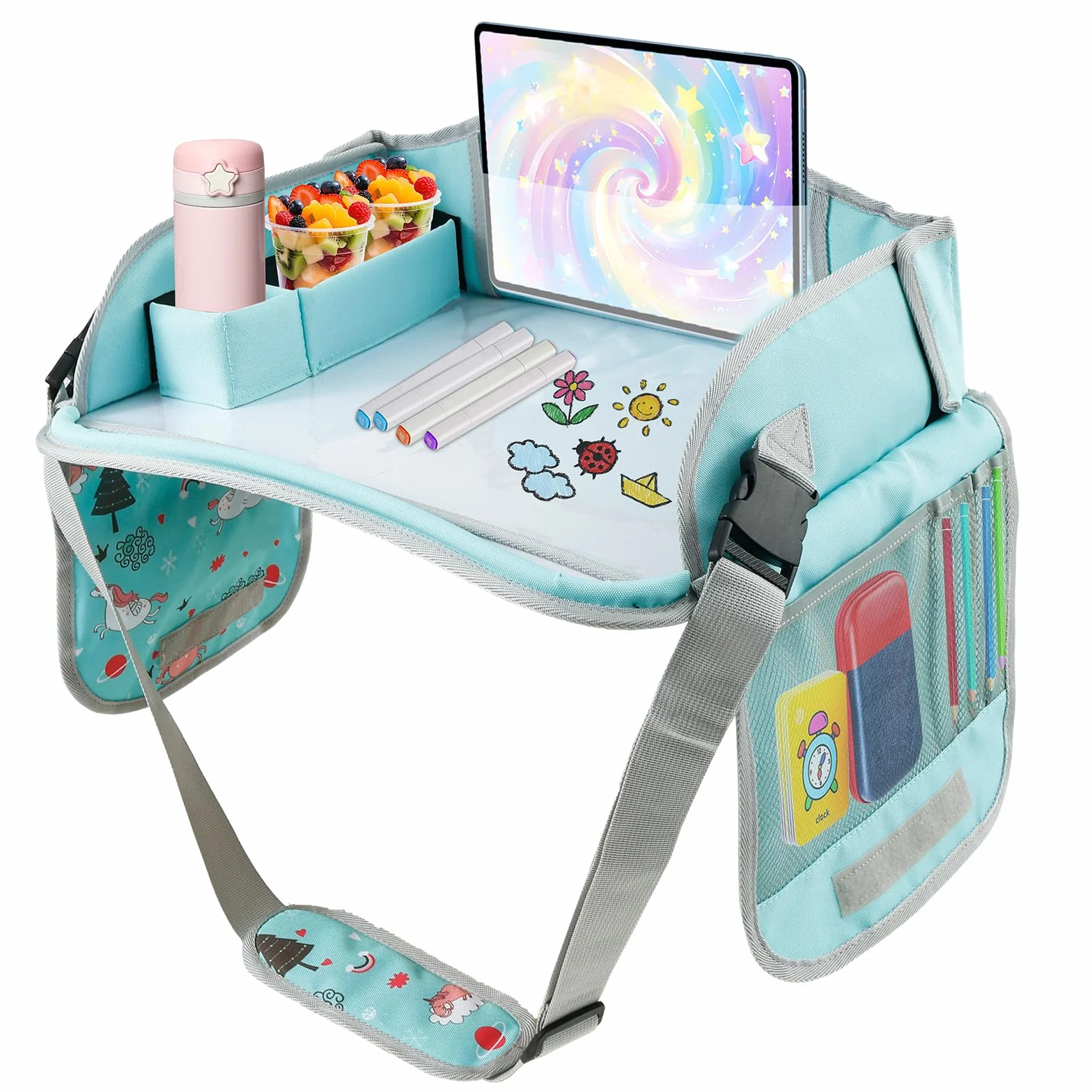 Tavolino da viaggio per bambini, seggiolino per auto, multifunzionale, regolabile, tavolino da gioco, tavolino da pranzo, tavolino per auto, aereo, parco (verde)