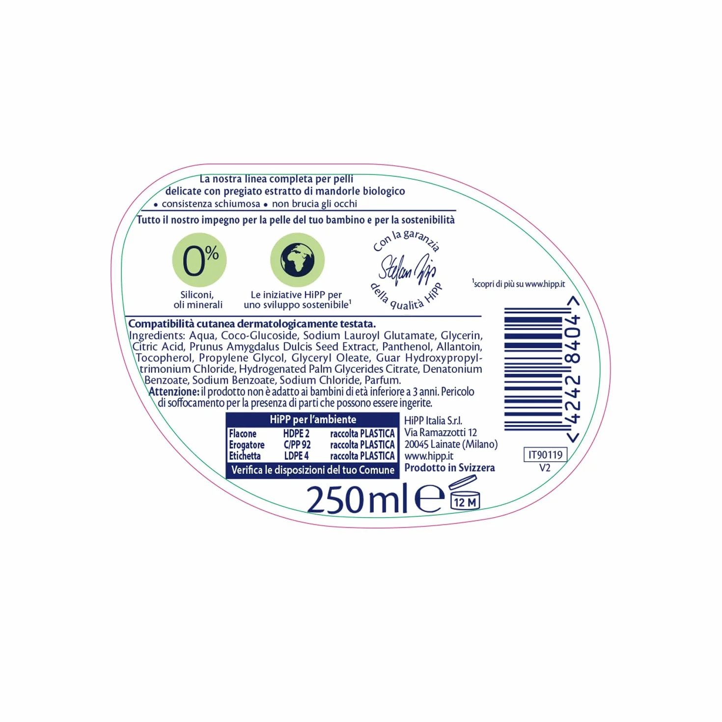 HiPP - Baby Care - Mousse Detergente per Bambini a Forma di Simpatica Paperella, Deterge e Idrata Corpo e Mani, per Pelli Sensibili, con Estratto Naturale di Mandorle Bio, 1 Flacone da 250 ml