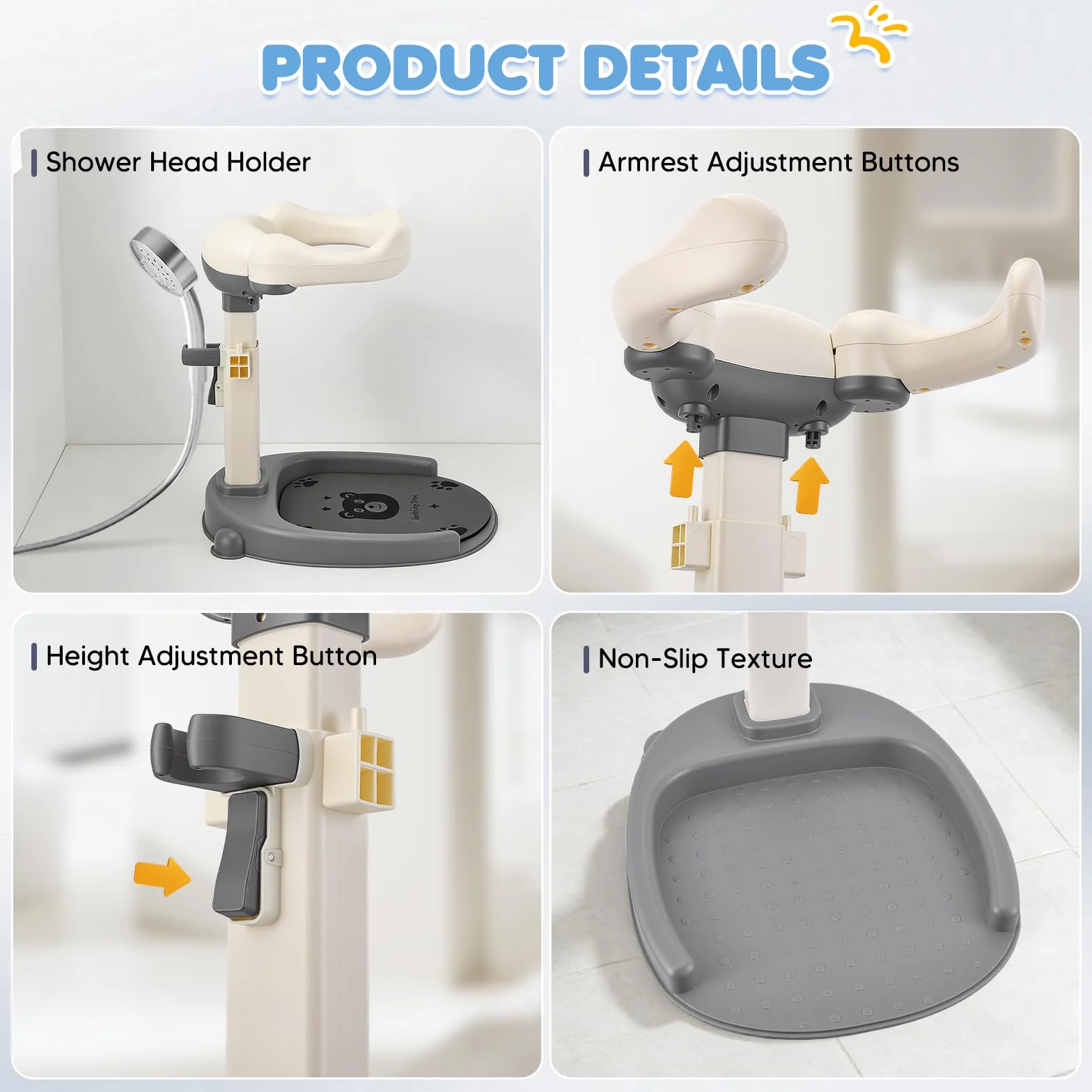 Supporto per doccia per bambini, regolabile in altezza 40-57 cm, sedia da bagno con base antiscivolo e sgabello rimovibile, senza BPA, supporto doccia per bambini da 6 a 36 mesi, per fare il