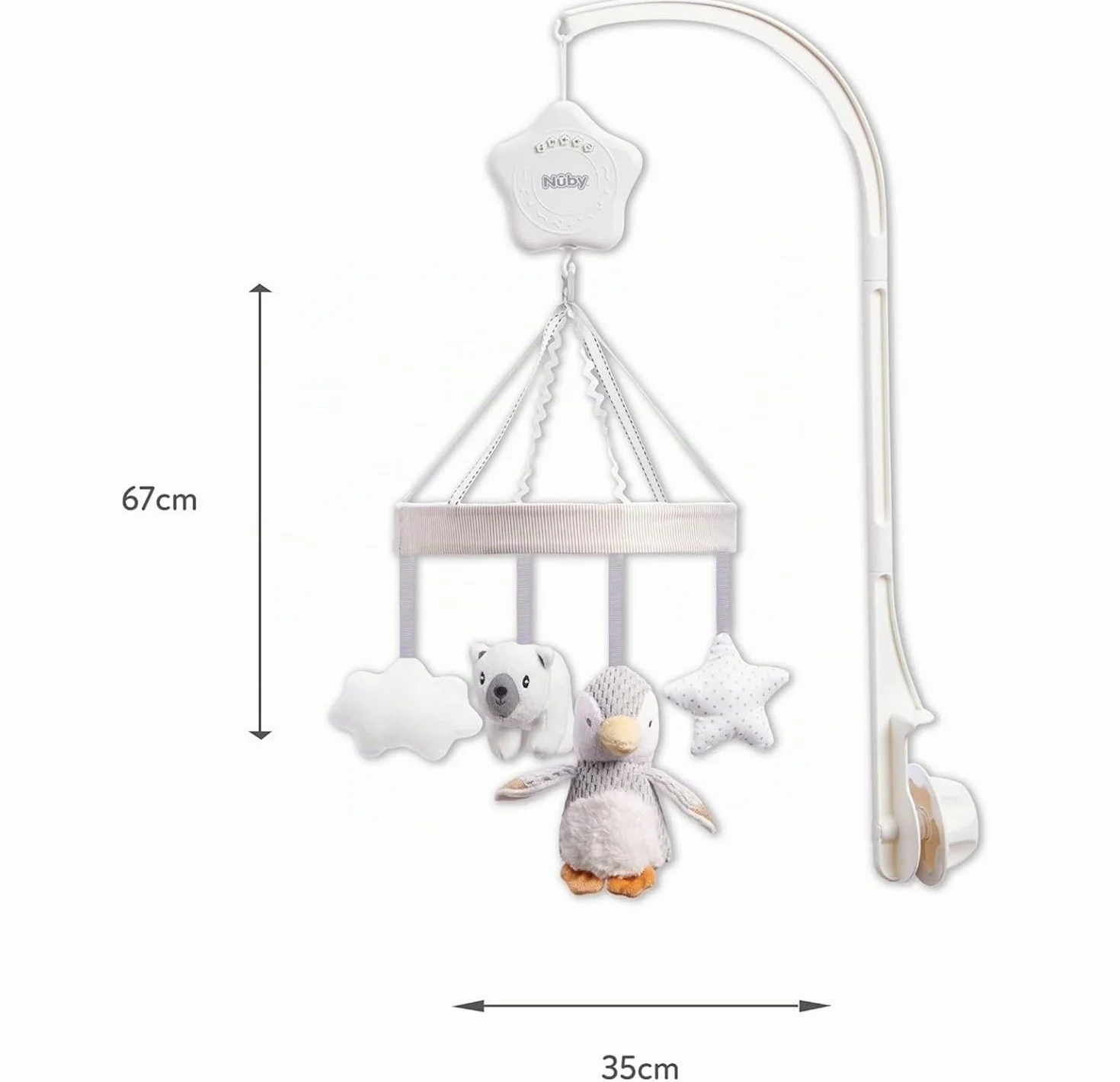 Nuby Culla Mobile Musicale per Neonati Penguin, Mobile Braccio Regolabile per Adattarsi alla Maggior Parte delle Culle, Calming Lullabies, Peluche