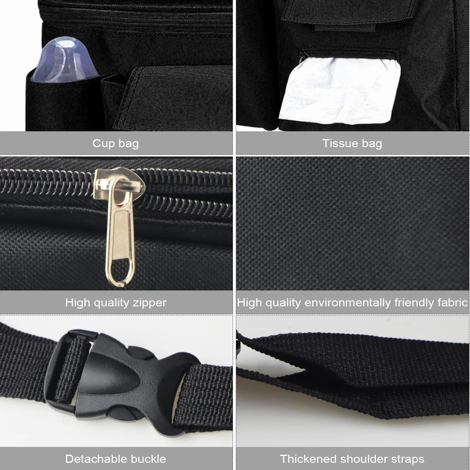 BouGPeng Borsa Organizer per Passeggino con Cerniera e Tracolla e Portabicchieri Universale Portaoggetti da Appendere Passeggino Impermeabile Nero Organizzatore per Passeggino Bambini
