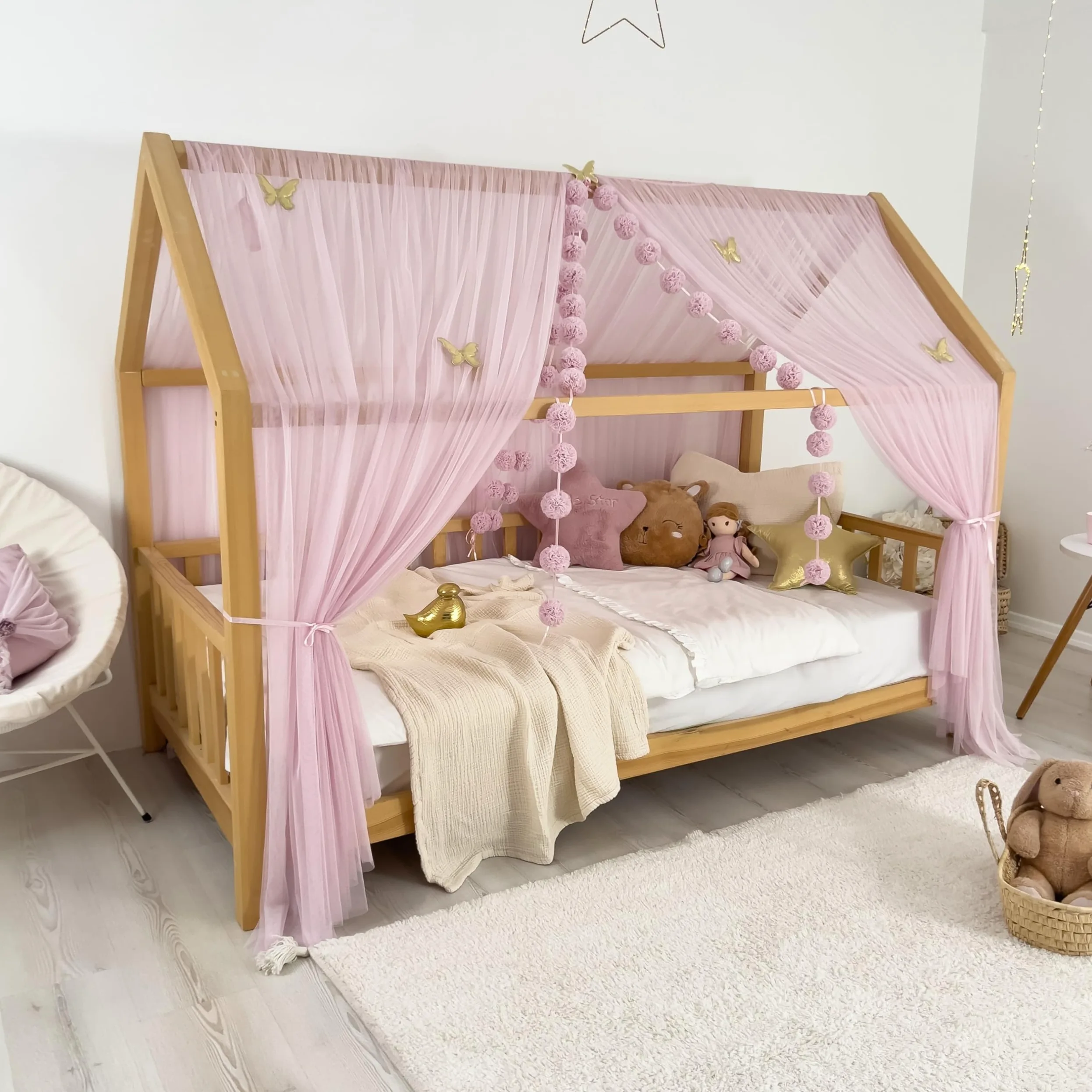 Tenda a baldacchino per letto della cameretta dei bambini, decorazione per letto montessori, tenda da gioco in morbido tulle per i più piccoli (Baby lilla, 460 cm, set da 3)