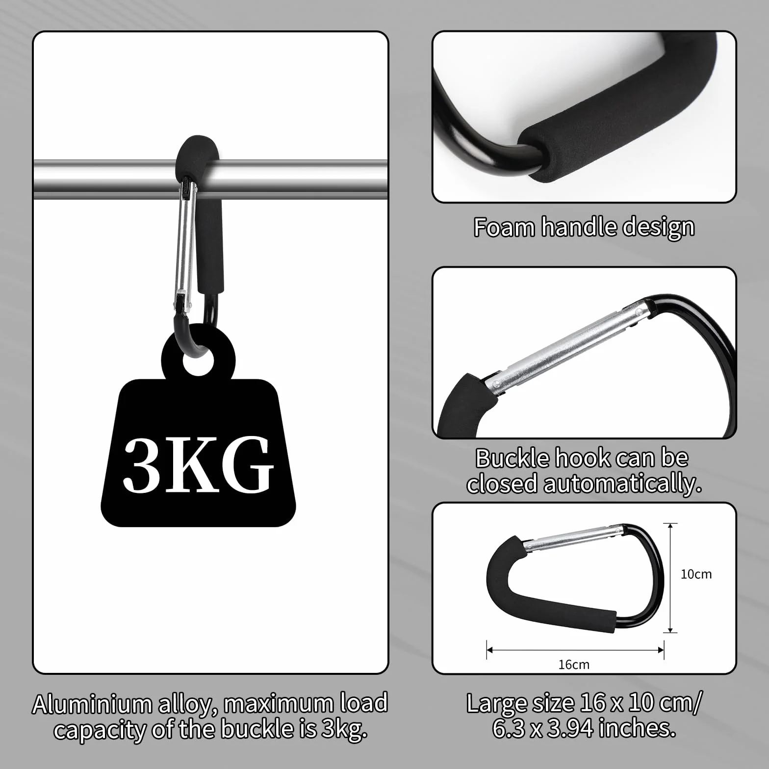 LALAGO 2 Pezzi Gancio Universale Passeggino, 16x10cm Moschettone a Gancio Multiuso, Aggancio per Borse con Imbottitura di Protezione, Ganci Passeggino, Clip Hook Stroller Organizer