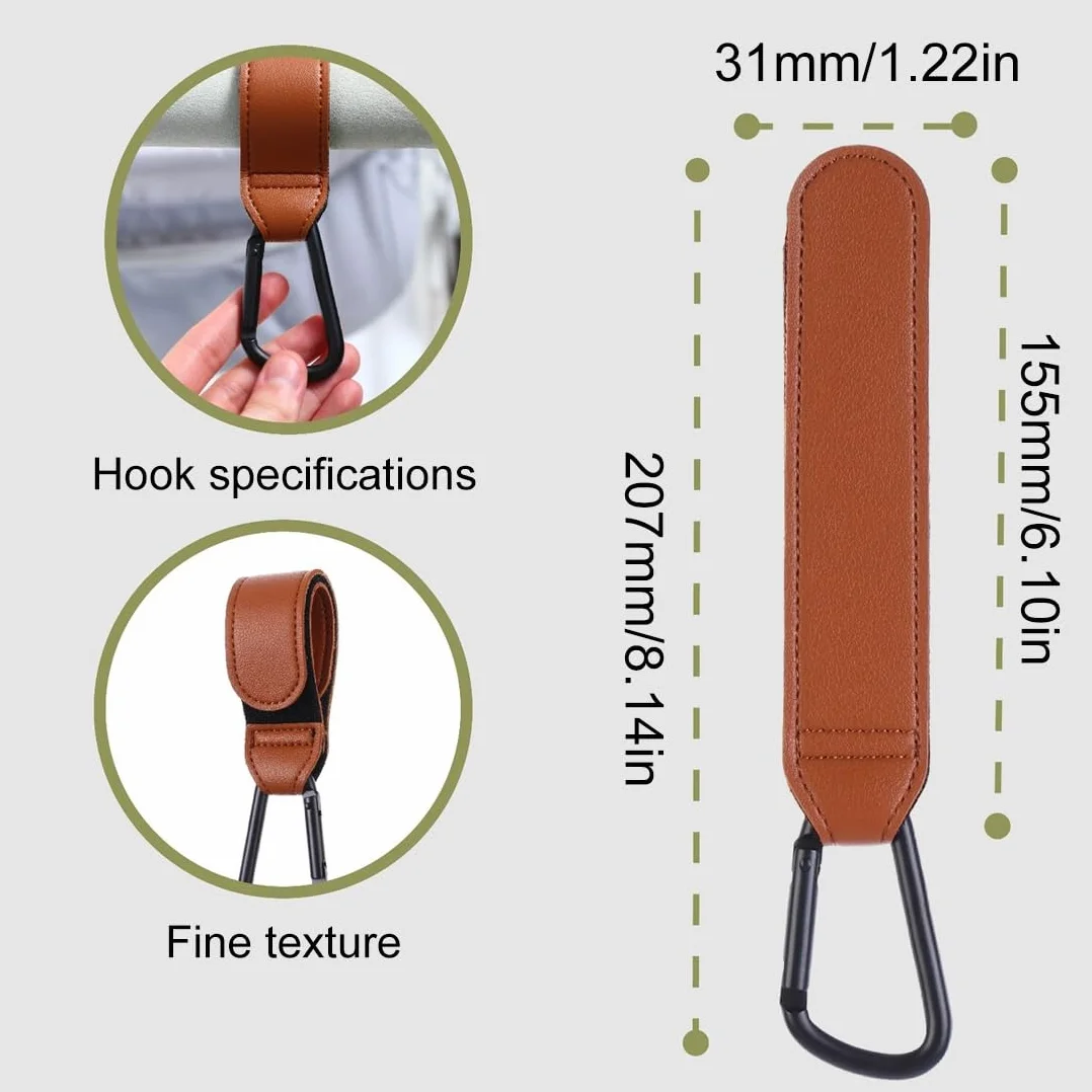 2 Pezzi Ganci Passeggino, Pelle Ganci, Gancio per Borsa Spesa, Ganci per Passeggino Universale, Moschettoni per Carrozzina, Per Carrozzina Bici Auto Carrello Appendi Sacchetti (Marrone/scuro)