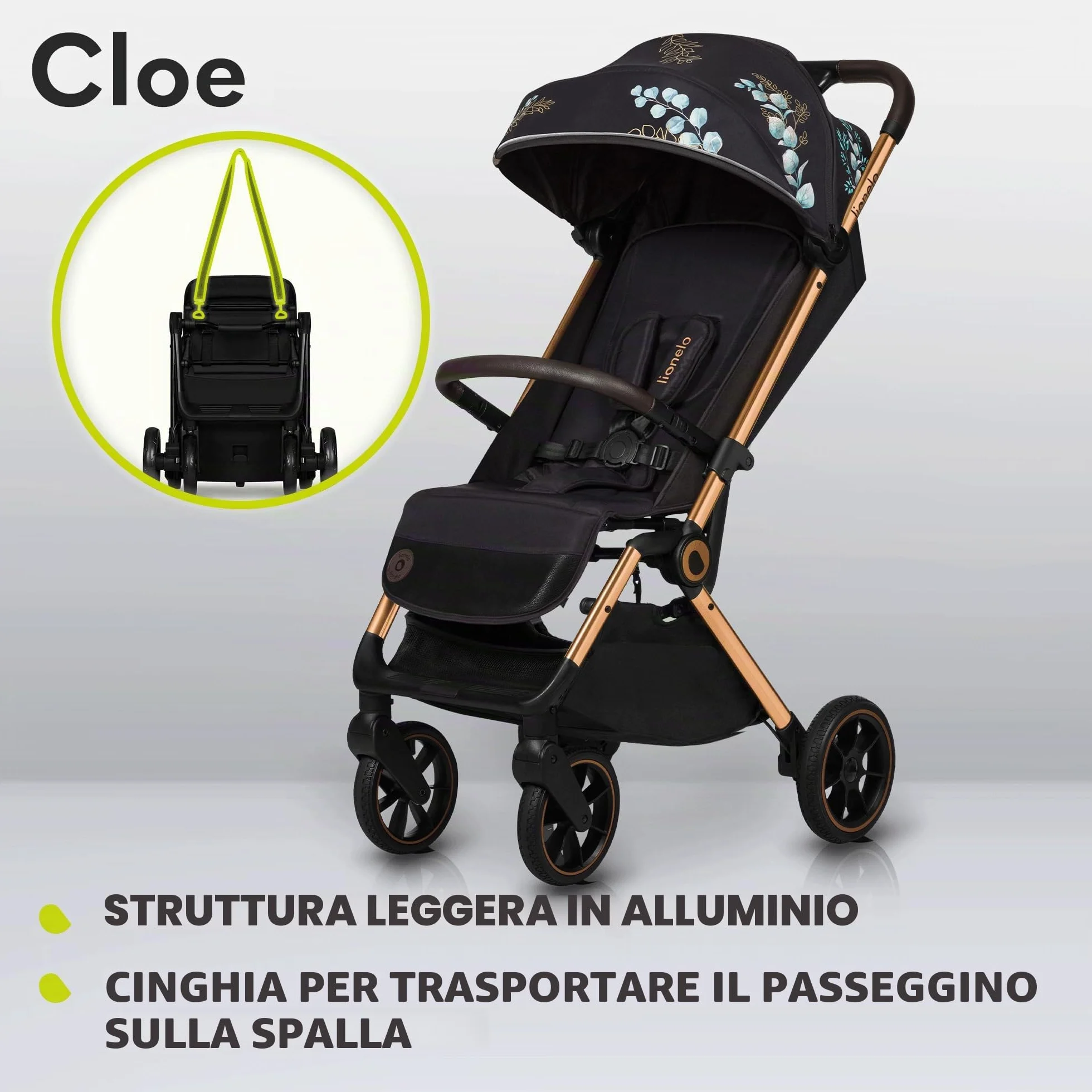 LIONELO Cloe Passeggino leggero e pieghevole per bambini da 0 fino a 22kg Schienale regolabile Posizione nanna Impermeabile, Cinture a 5 punti, Ruote XXL, Zanzariera, Portabicchieri (Momenti d'oro)